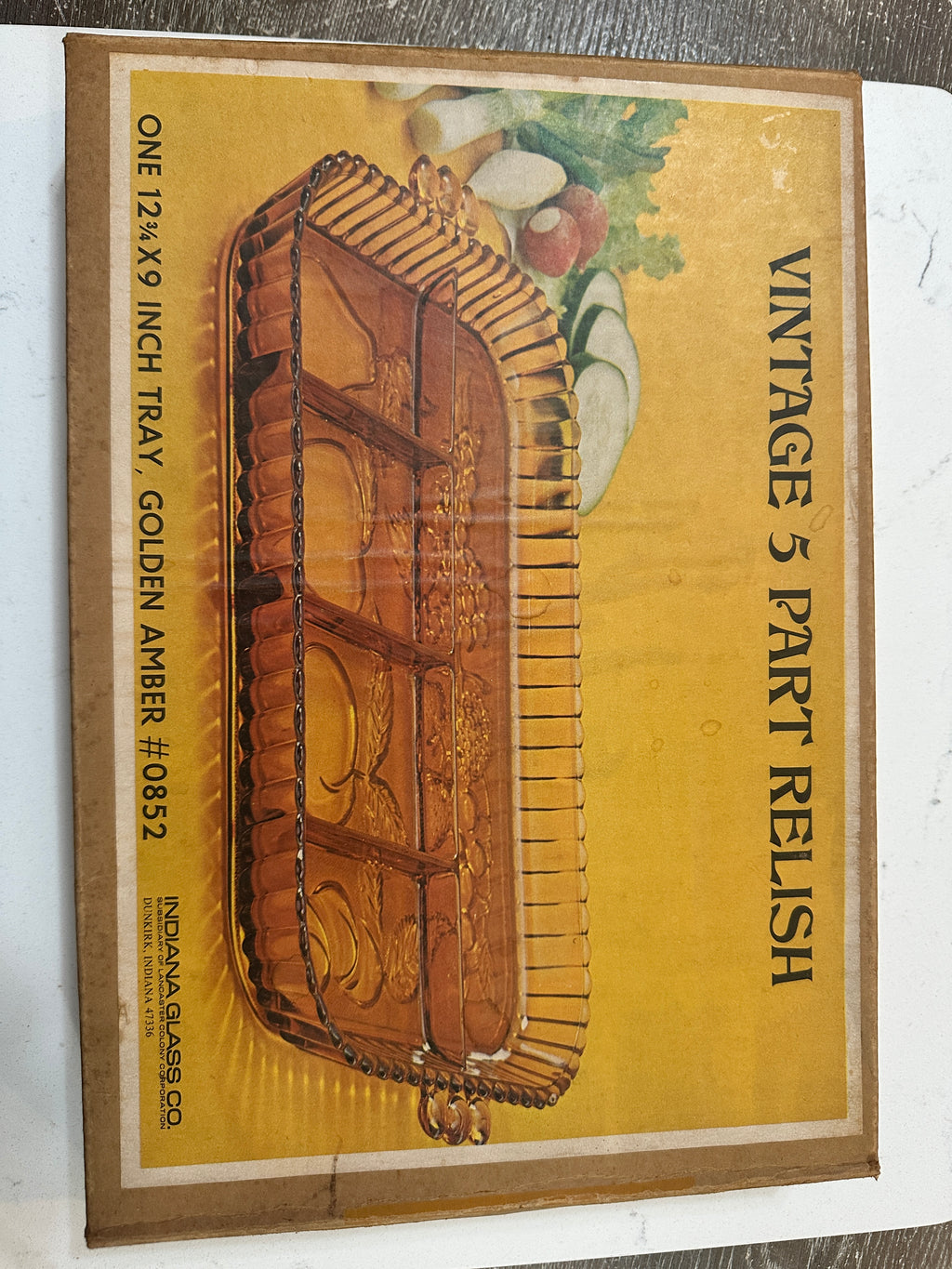 Vintage Indiana Glass Golden Amber 5 Part Relish Tray #0852 | 1970s Divided Fruit Serving Dish | Original Box | MCM Amber Glass