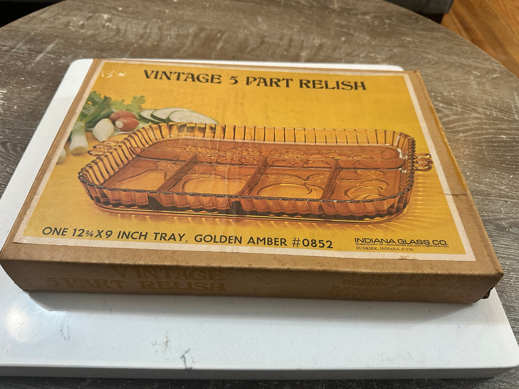 Vintage Indiana Glass Golden Amber 5 Part Relish Tray #0852 | 1970s Divided Fruit Serving Dish | Original Box | MCM Amber Glass