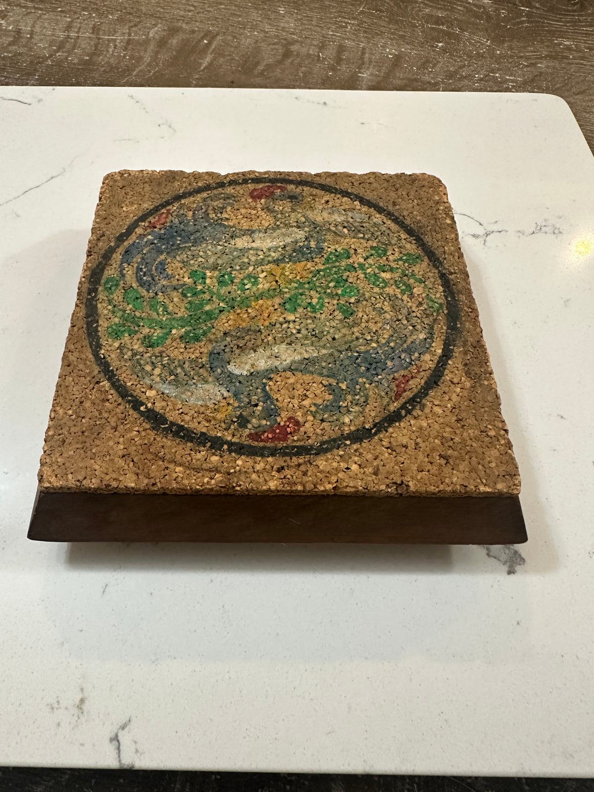 Vintage Cork Trivet with Peacock Bird Design | Mid Century Hot Pad | Wood Base Cork Kitchen Decor | Retro Folk Art Trivet