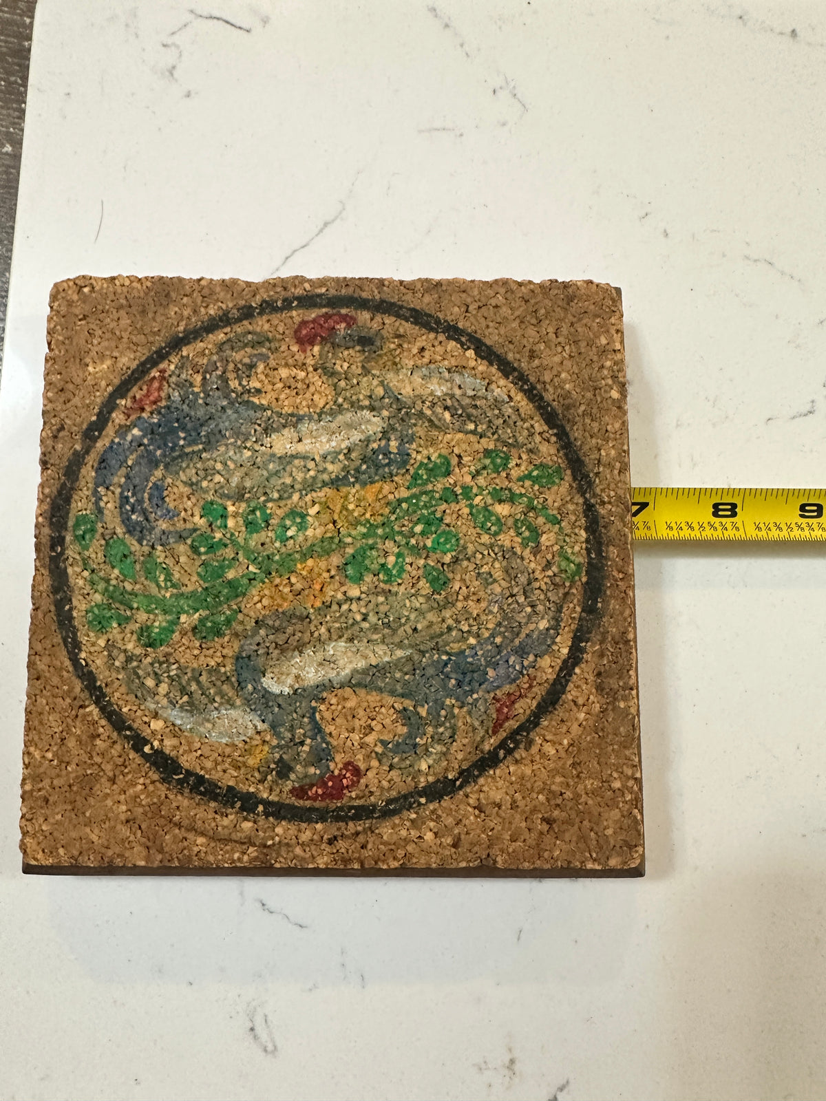 Vintage Cork Trivet with Peacock Bird Design | Mid Century Hot Pad | Wood Base Cork Kitchen Decor | Retro Folk Art Trivet
