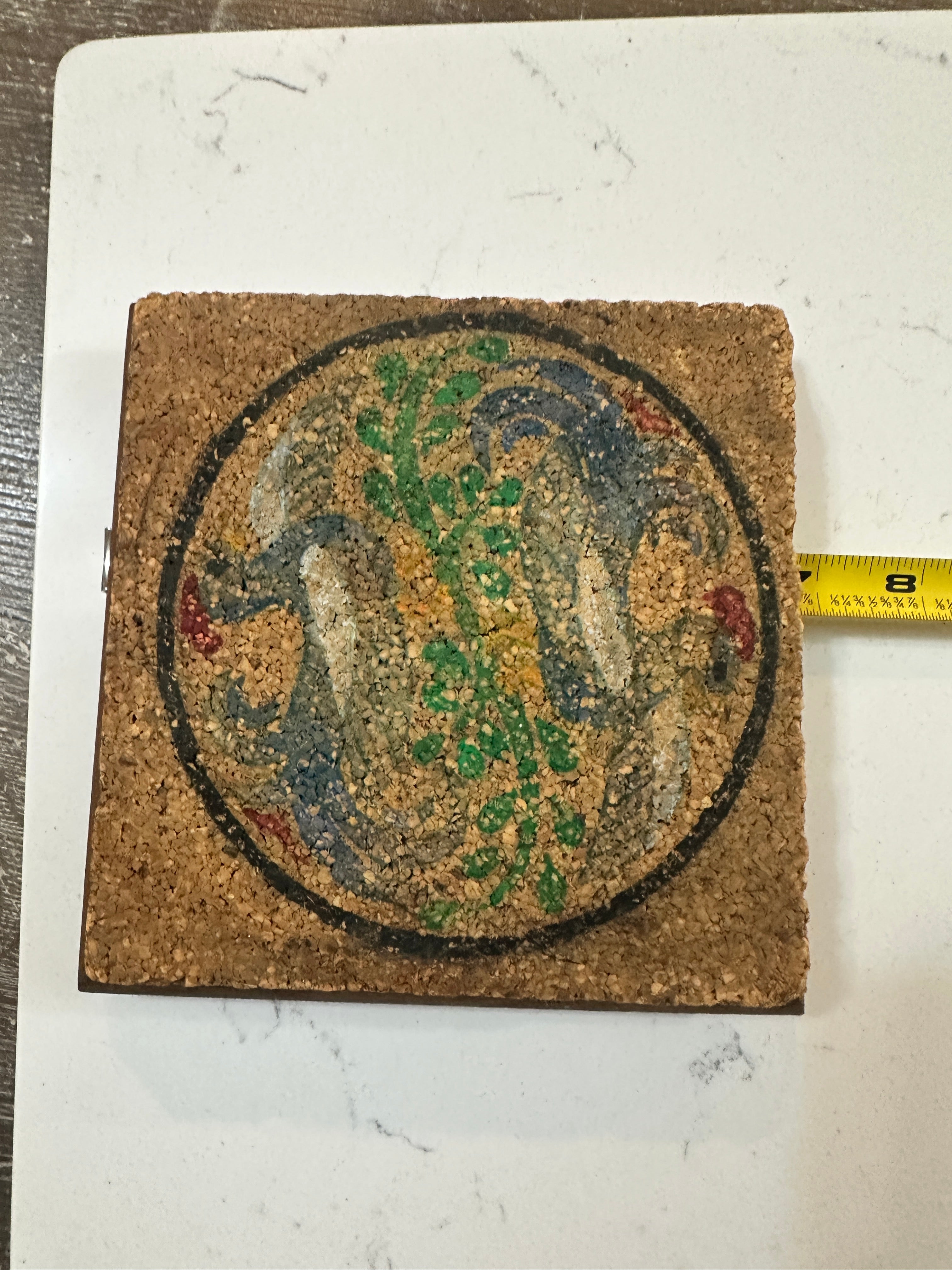 Vintage Cork Trivet with Peacock Bird Design | Mid Century Hot Pad | Wood Base Cork Kitchen Decor | Retro Folk Art Trivet