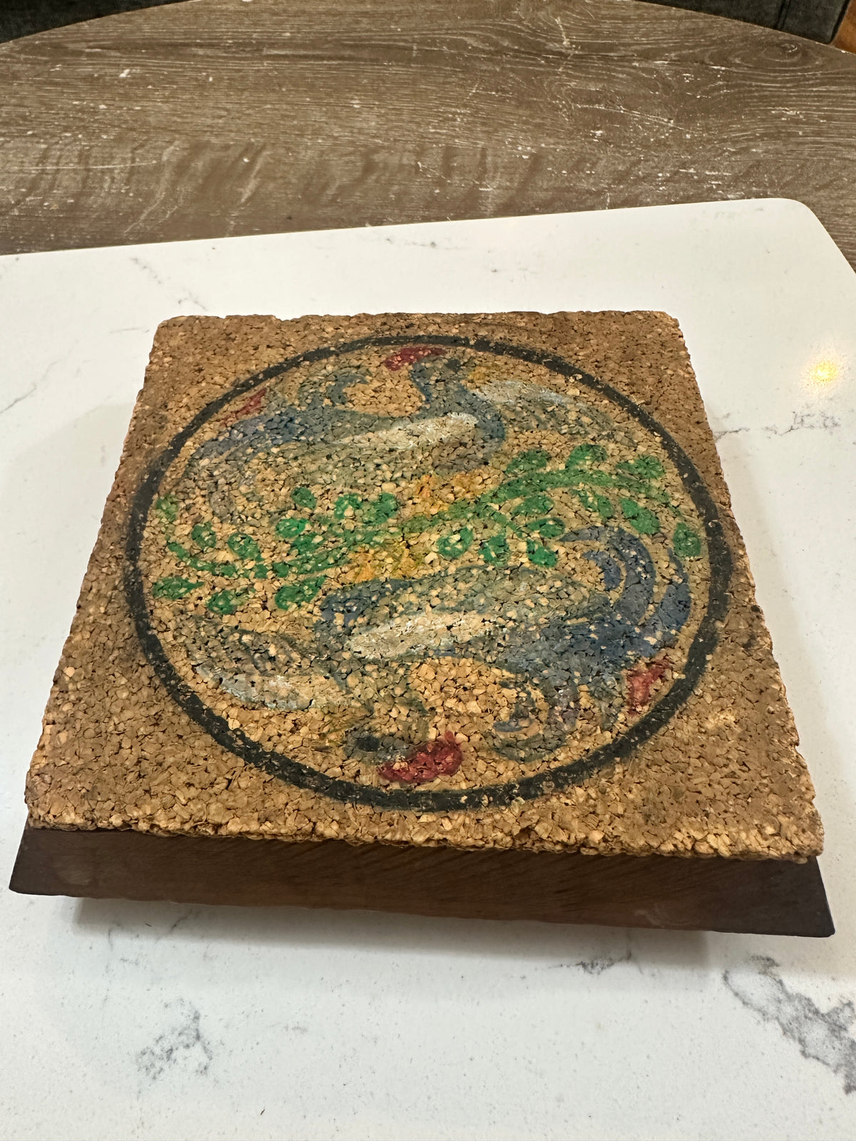 Vintage Cork Trivet with Peacock Bird Design | Mid Century Hot Pad | Wood Base Cork Kitchen Decor | Retro Folk Art Trivet