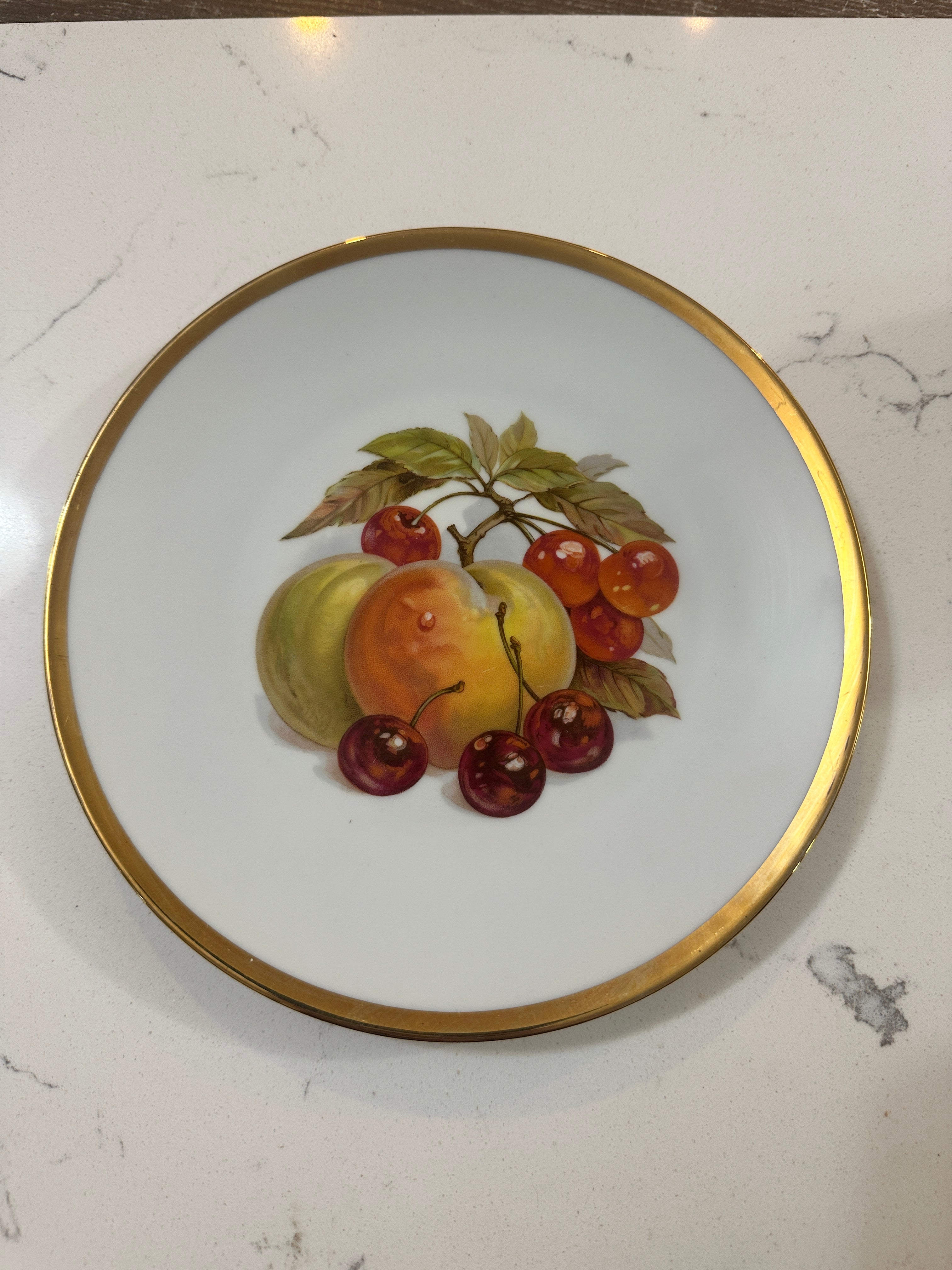 Vintage Fruit Decorative Plate | Cherries Apples Peaches Gold Rim | 8 Inch Porcelain Plate | Cottagecore Kitchen Wall Decor