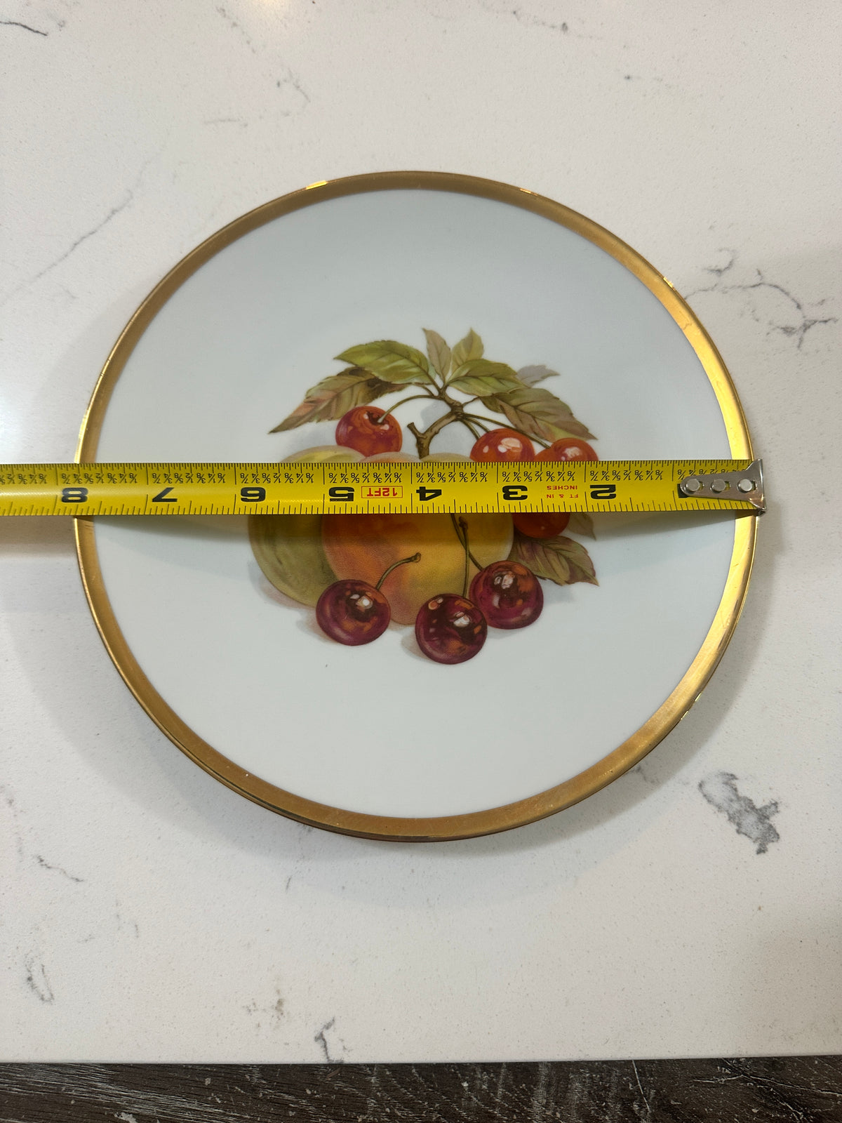 Vintage Fruit Decorative Plate | Cherries Apples Peaches Gold Rim | 8 Inch Porcelain Plate | Cottagecore Kitchen Wall Decor