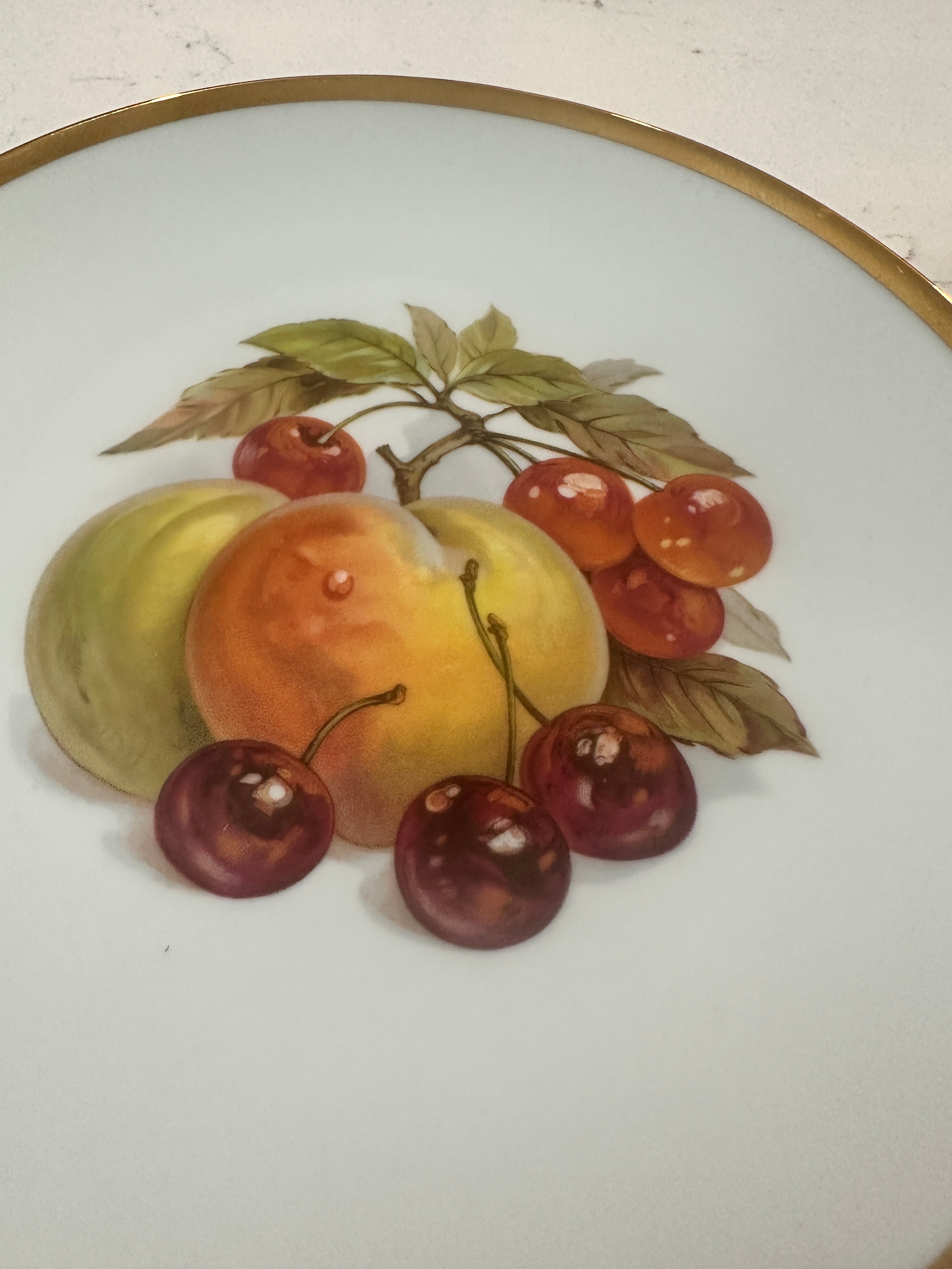 Vintage Fruit Decorative Plate | Cherries Apples Peaches Gold Rim | 8 Inch Porcelain Plate | Cottagecore Kitchen Wall Decor