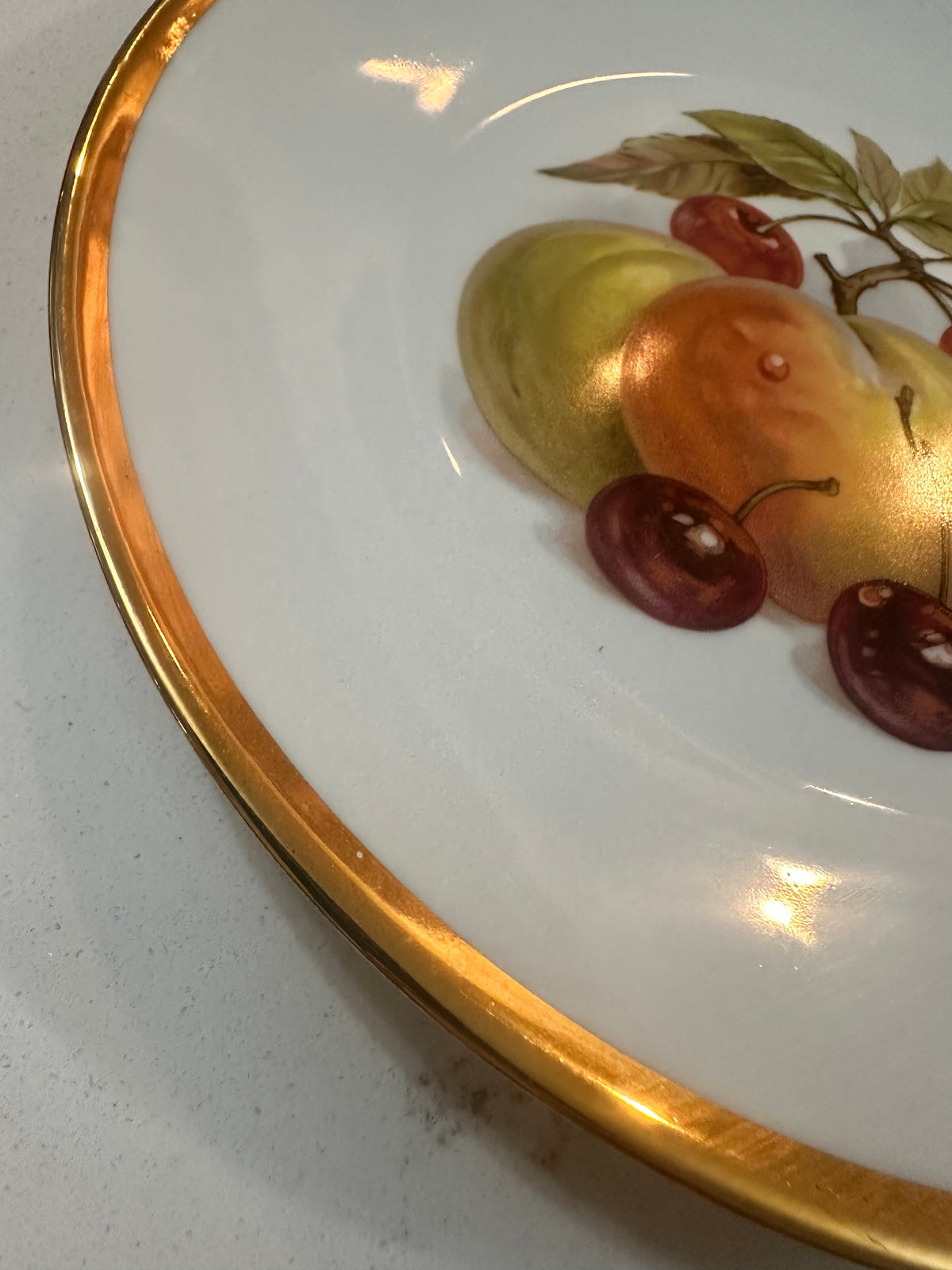 Vintage Fruit Decorative Plate | Cherries Apples Peaches Gold Rim | 8 Inch Porcelain Plate | Cottagecore Kitchen Wall Decor