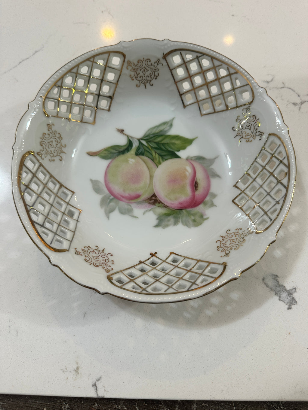 Vintage UCAGCO China Fruit Bowl | Made in Japan Peach Bowl | Gold Lattice Porcelain Compote | Mid Century Japanese Porcelain