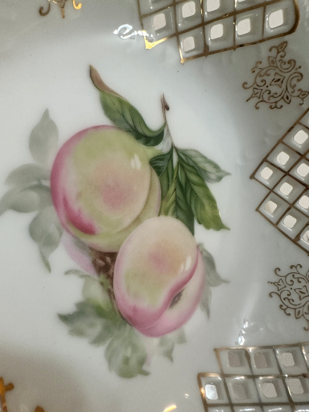 Vintage UCAGCO China Fruit Bowl | Made in Japan Peach Bowl | Gold Lattice Porcelain Compote | Mid Century Japanese Porcelain