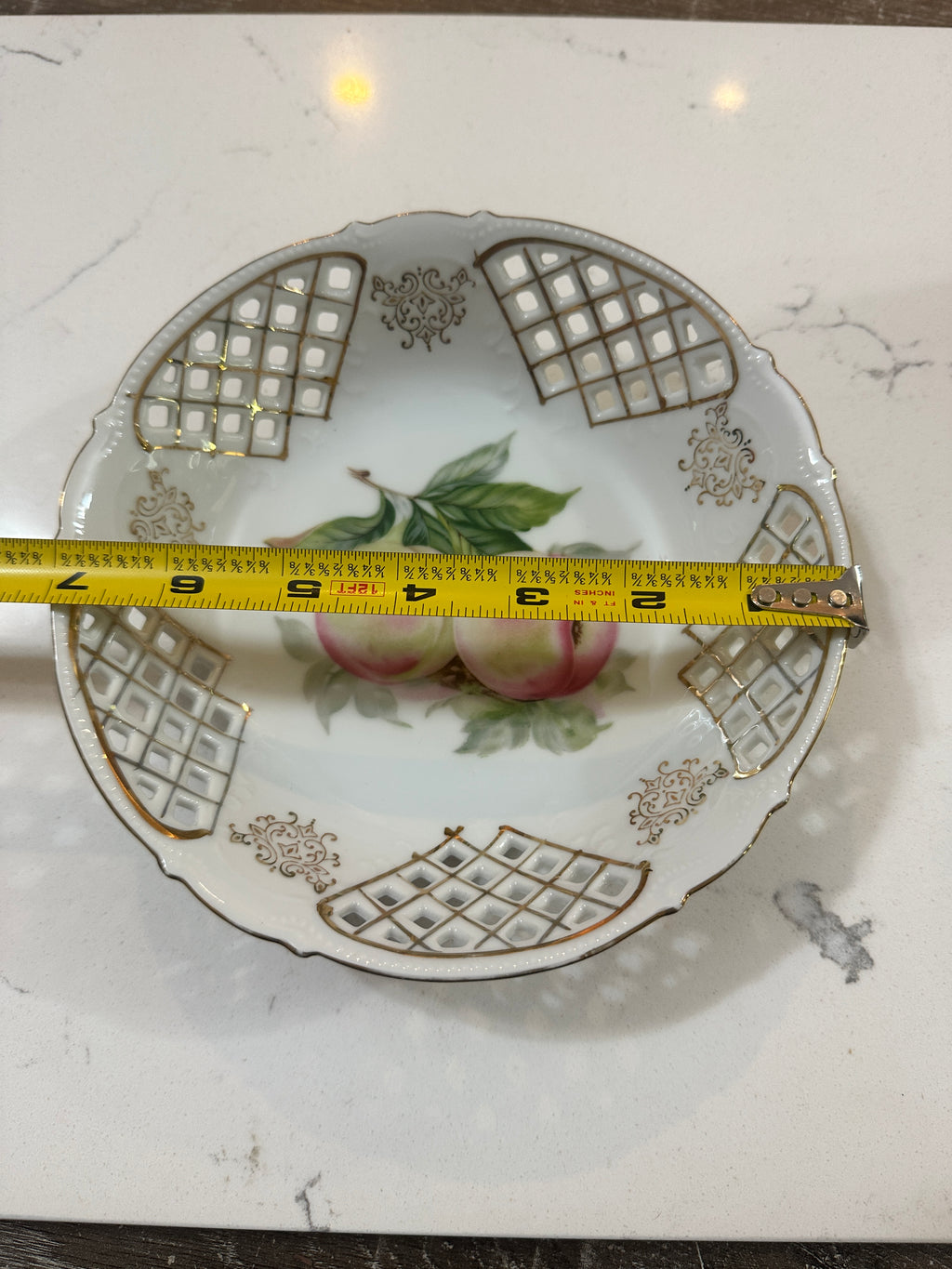 Vintage UCAGCO China Fruit Bowl | Made in Japan Peach Bowl | Gold Lattice Porcelain Compote | Mid Century Japanese Porcelain