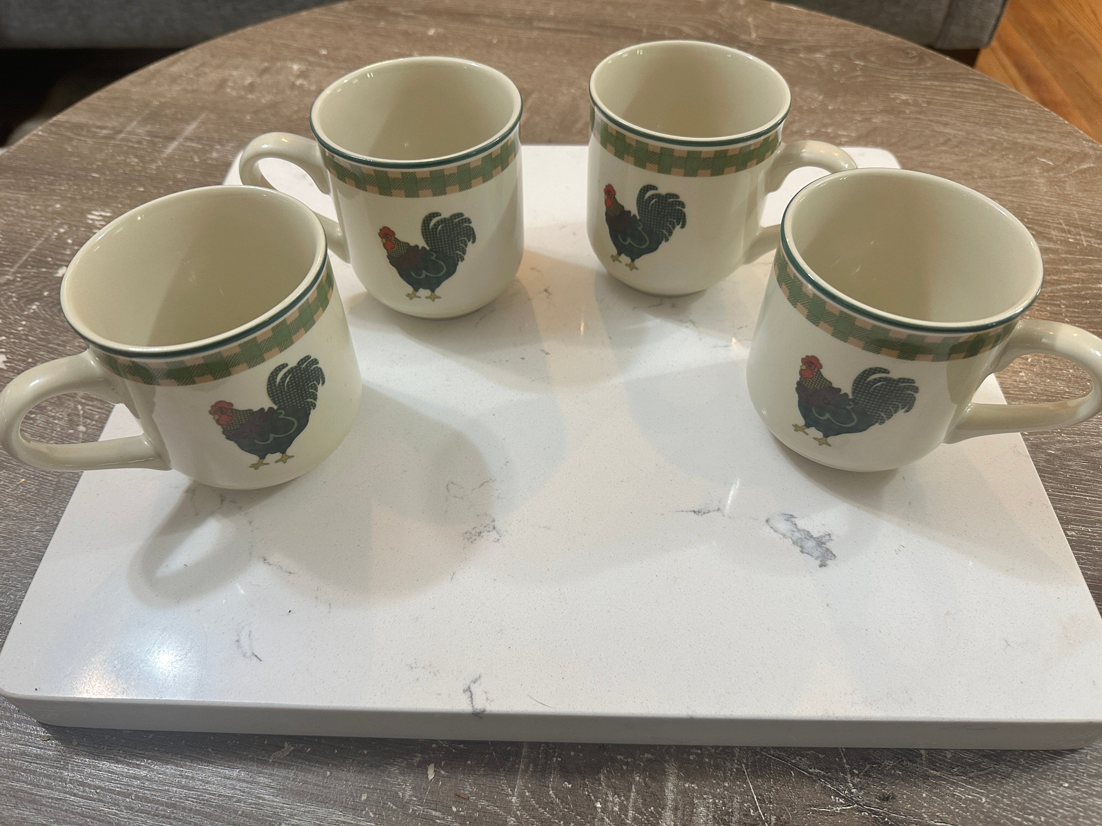 Vintage 1998 International China Rooster Morn Mugs Set of 4 | Julie Ingleman Rooster Coffee Cups | Green Gingham Farmhouse Kitchen