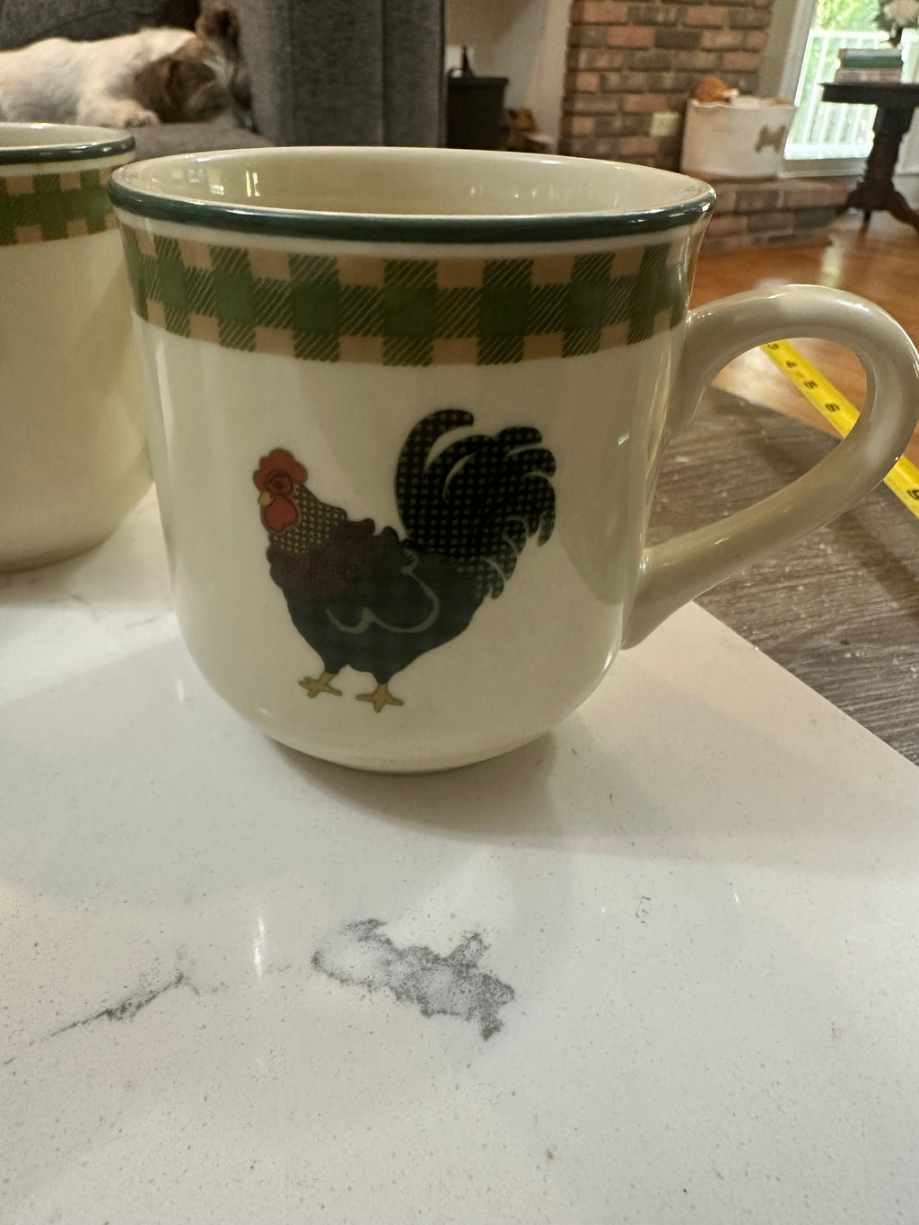 Vintage 1998 International China Rooster Morn Mugs Set of 4 | Julie Ingleman Rooster Coffee Cups | Green Gingham Farmhouse Kitchen