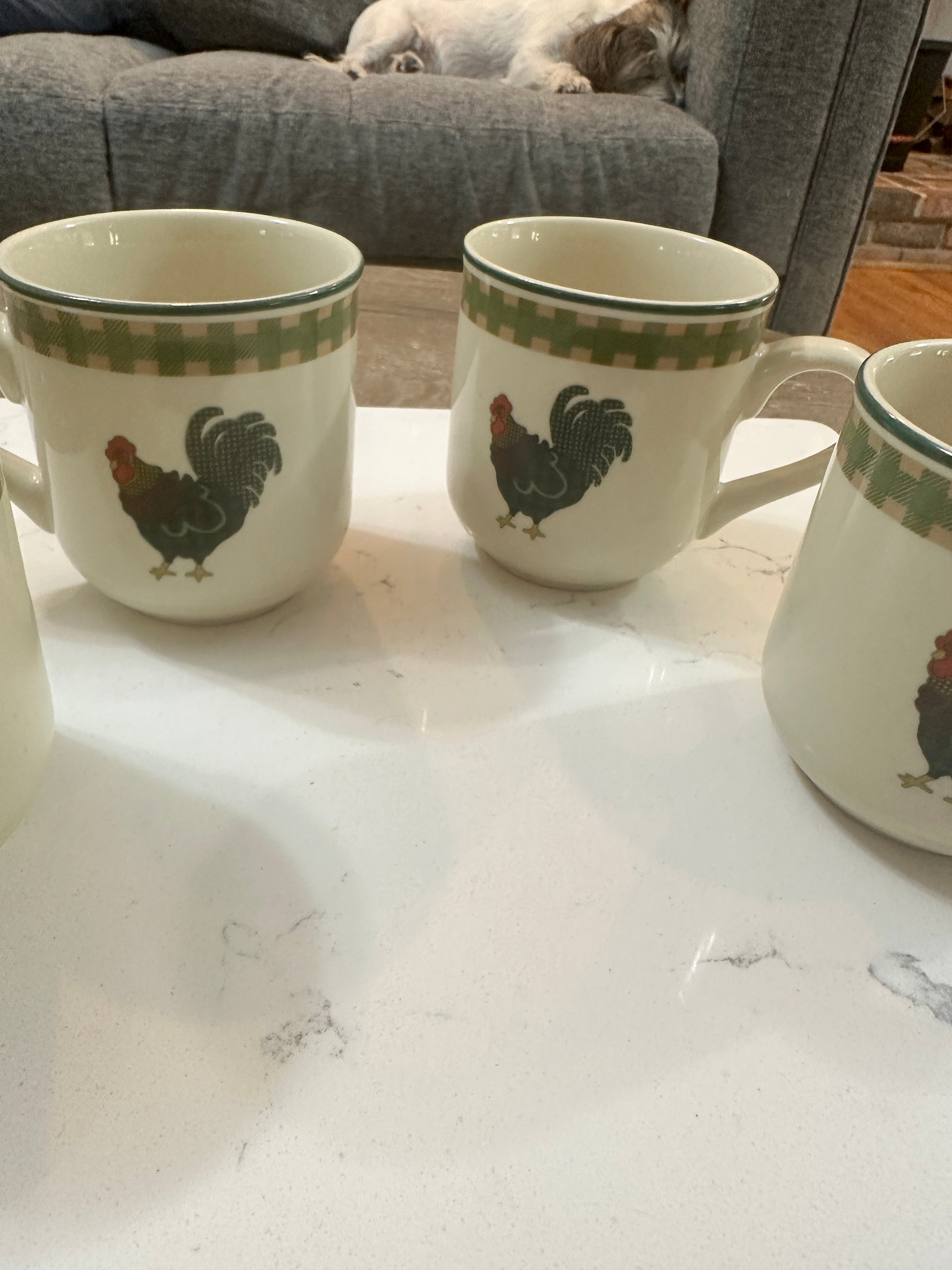 Vintage 1998 International China Rooster Morn Mugs Set of 4 | Julie Ingleman Rooster Coffee Cups | Green Gingham Farmhouse Kitchen