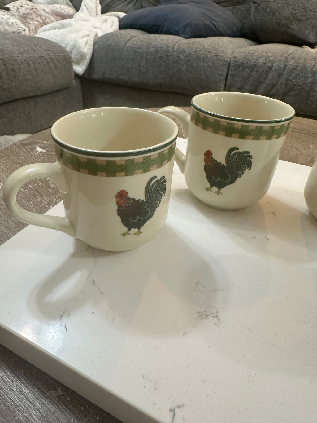 Vintage 1998 International China Rooster Morn Mugs Set of 4 | Julie Ingleman Rooster Coffee Cups | Green Gingham Farmhouse Kitchen