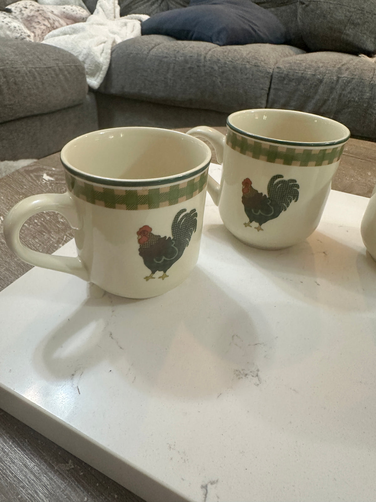 Vintage 1998 International China Rooster Morn Mugs Set of 4 | Julie Ingleman Rooster Coffee Cups | Green Gingham Farmhouse Kitchen