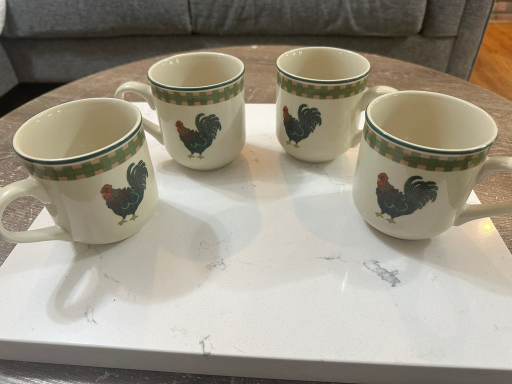 Vintage 1998 International China Rooster Morn Mugs Set of 4 | Julie Ingleman Rooster Coffee Cups | Green Gingham Farmhouse Kitchen