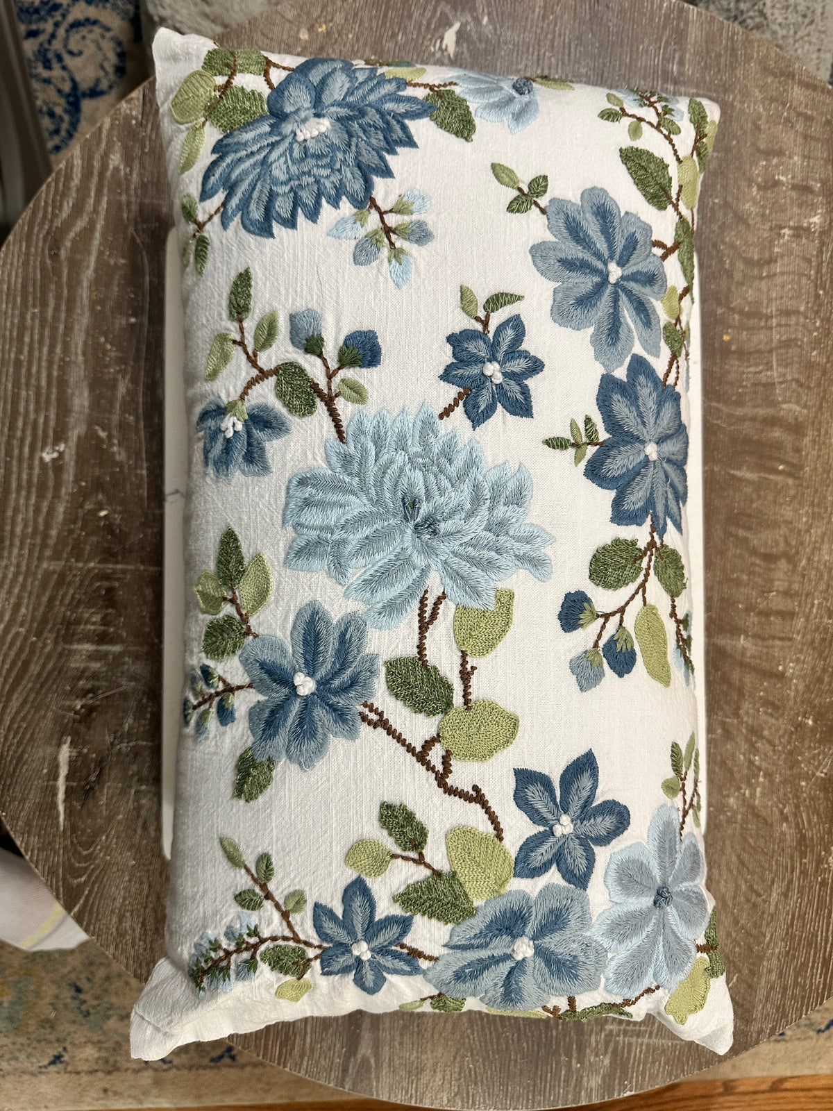 Blue Floral Embroidered Lumbar Pillow 11x19 | Thick Cottagecore Accent Pillow | Blue Green Botanical Throw Pillow | Grandmillennial Decor