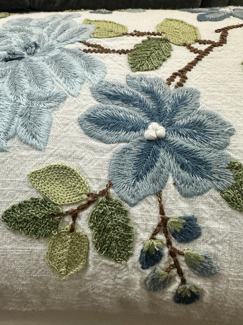 Blue Floral Embroidered Lumbar Pillow 11x19 | Thick Cottagecore Accent Pillow | Blue Green Botanical Throw Pillow | Grandmillennial Decor