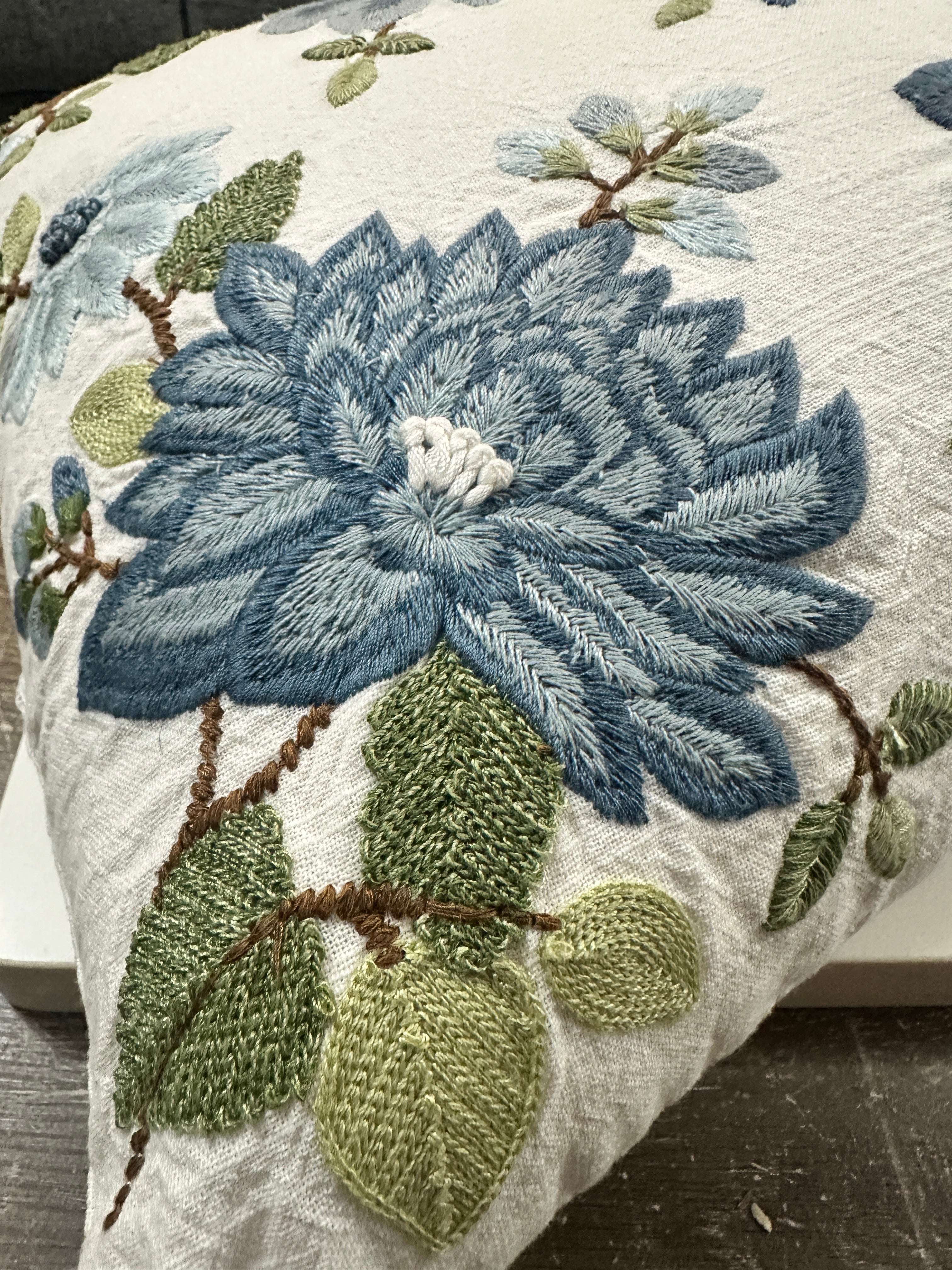 Blue Floral Embroidered Lumbar Pillow 11x19 | Thick Cottagecore Accent Pillow | Blue Green Botanical Throw Pillow | Grandmillennial Decor