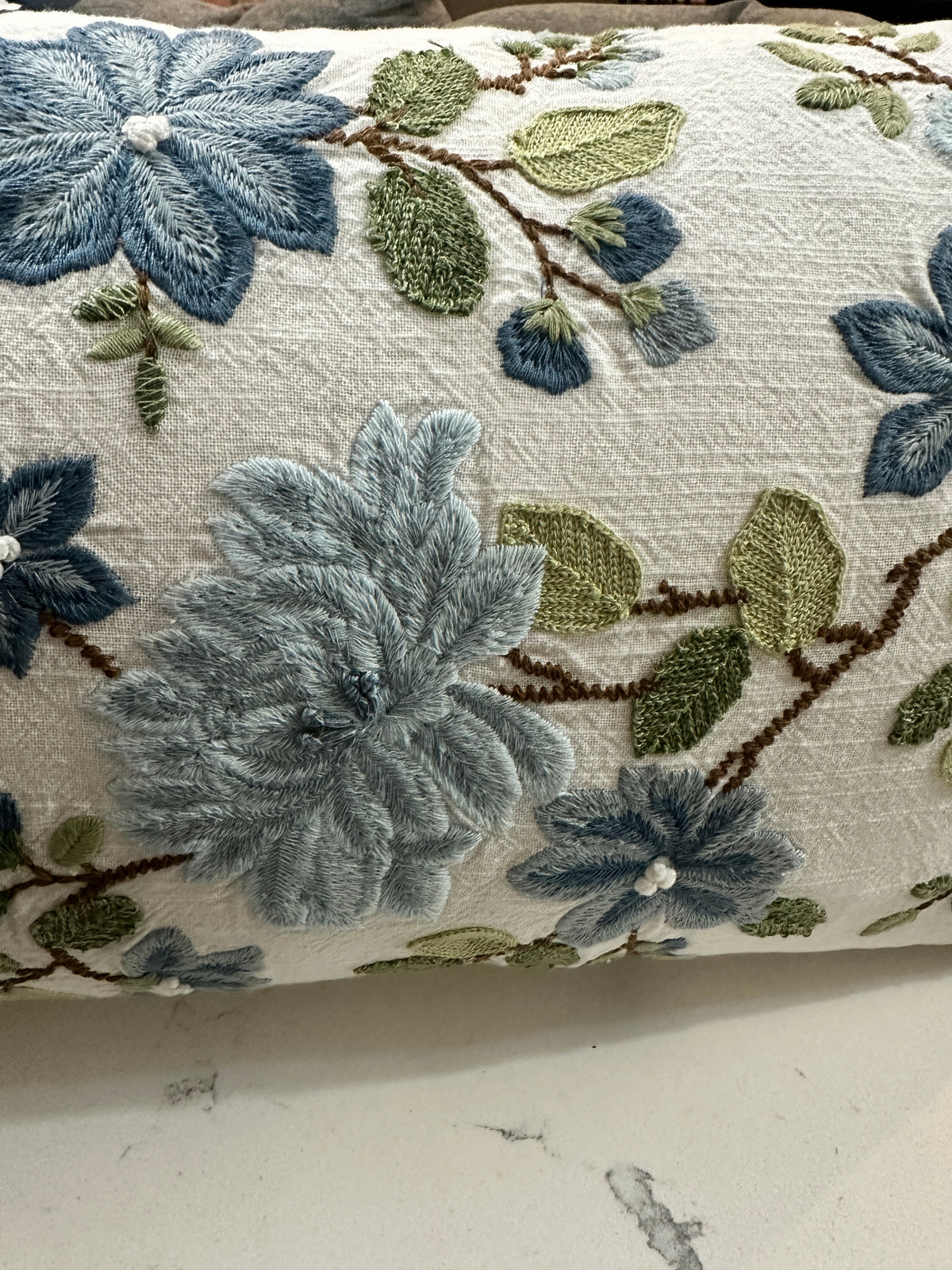 Blue Floral Embroidered Lumbar Pillow 11x19 | Thick Cottagecore Accent Pillow | Blue Green Botanical Throw Pillow | Grandmillennial Decor