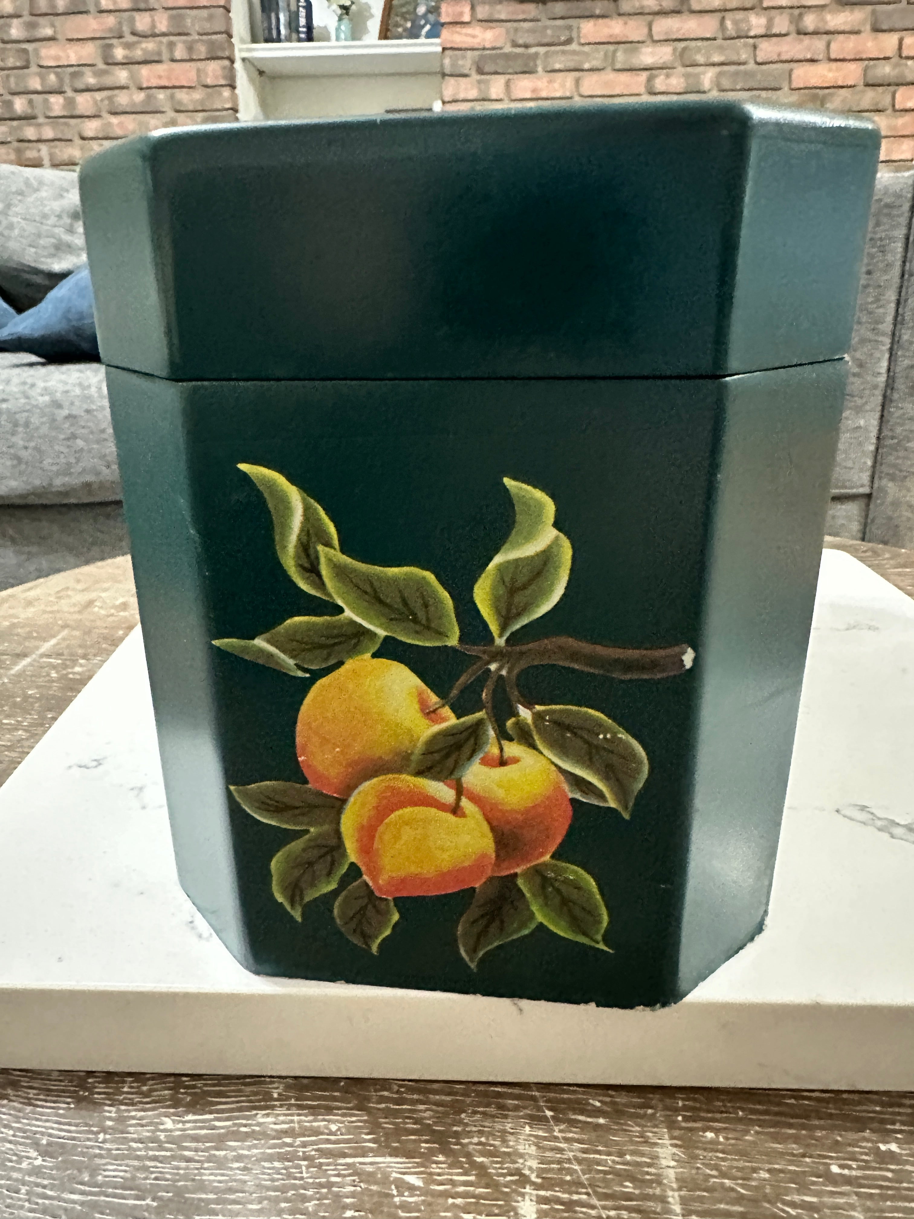 Vintage Hand Painted Wooden Storage Box Fruit Design Green Toleware Style Keepsake Recipe Box Cottage Kitchen Decor 12x8x7