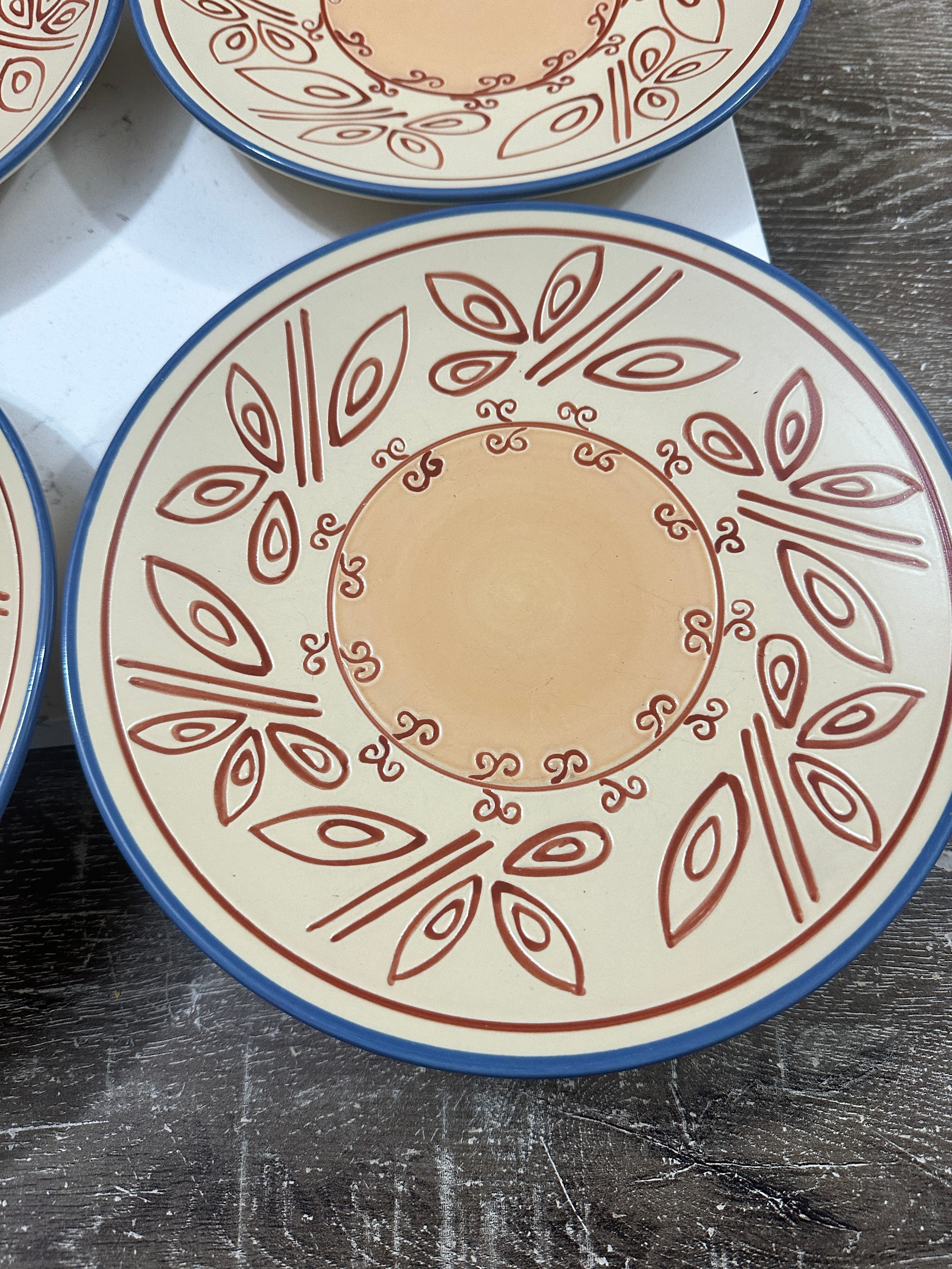 Pfaltzgraff Timbuktu Plates Set of 4 9 Inch Dinner Salad Plates Southwestern Boho Folk Art Retired Stoneware