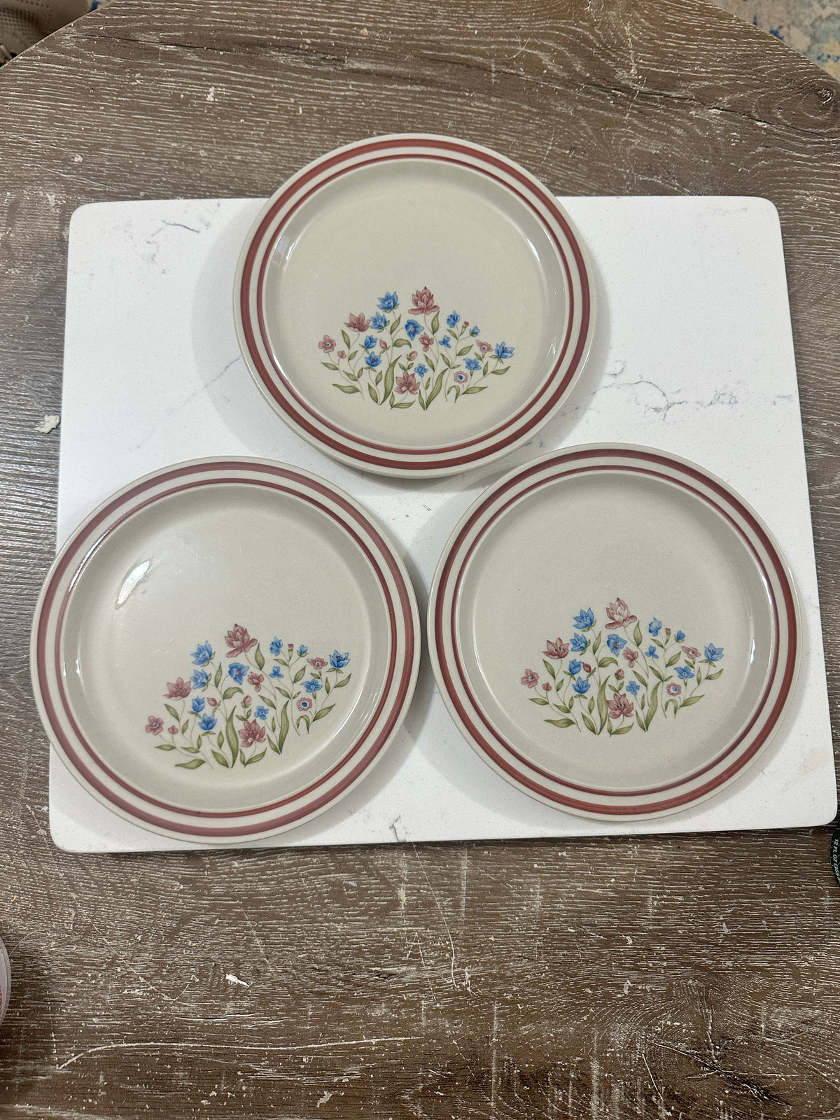 Vintage 1985 Newcor Goodearth Stoneware Plates Set of 3 – 8” Floral Dinnerware – Japan – Blue Pink Wildflower Cottagecore Plates