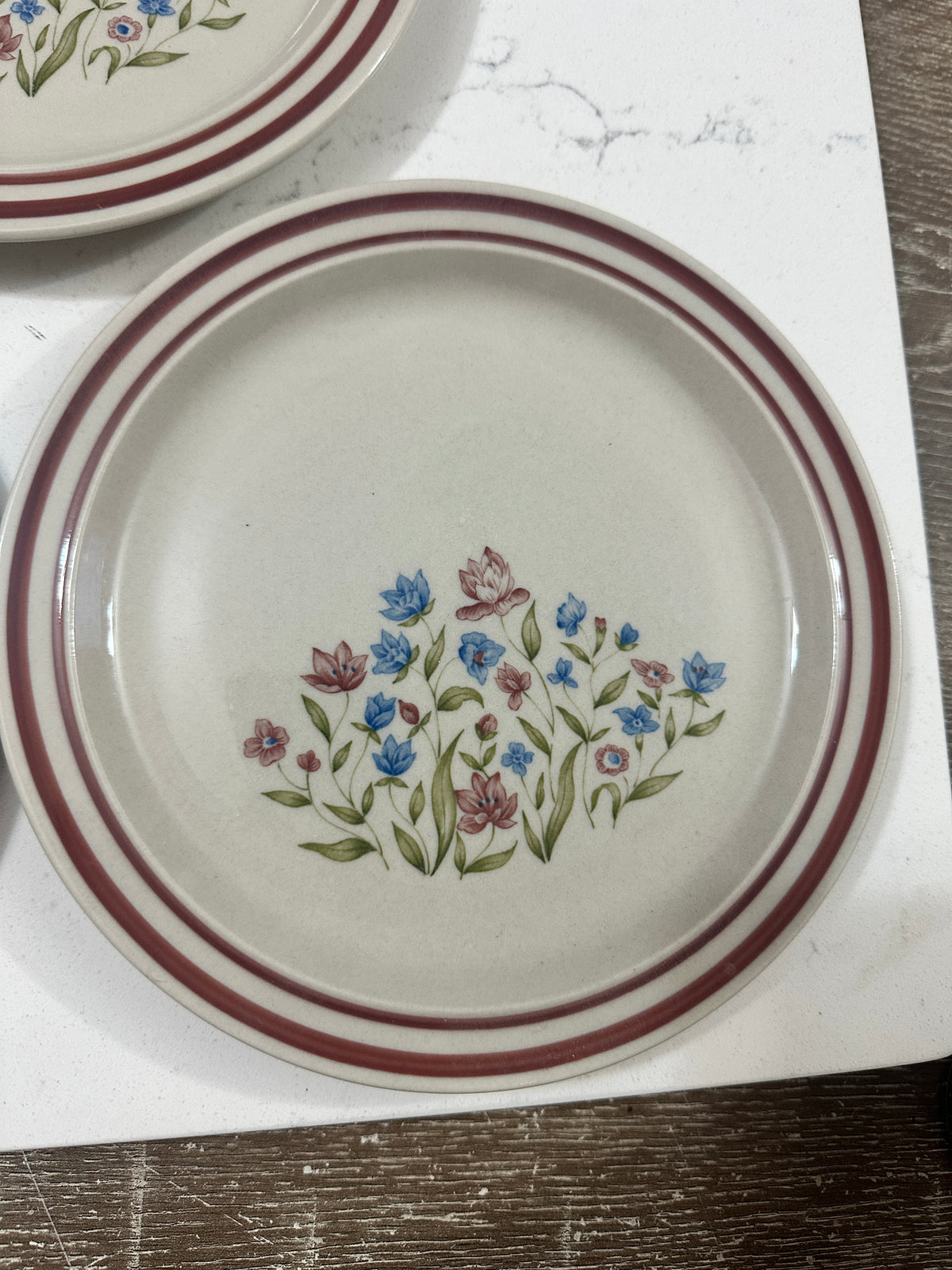 Vintage 1985 Newcor Goodearth Stoneware Plates Set of 3 – 8” Floral Dinnerware – Japan – Blue Pink Wildflower Cottagecore Plates