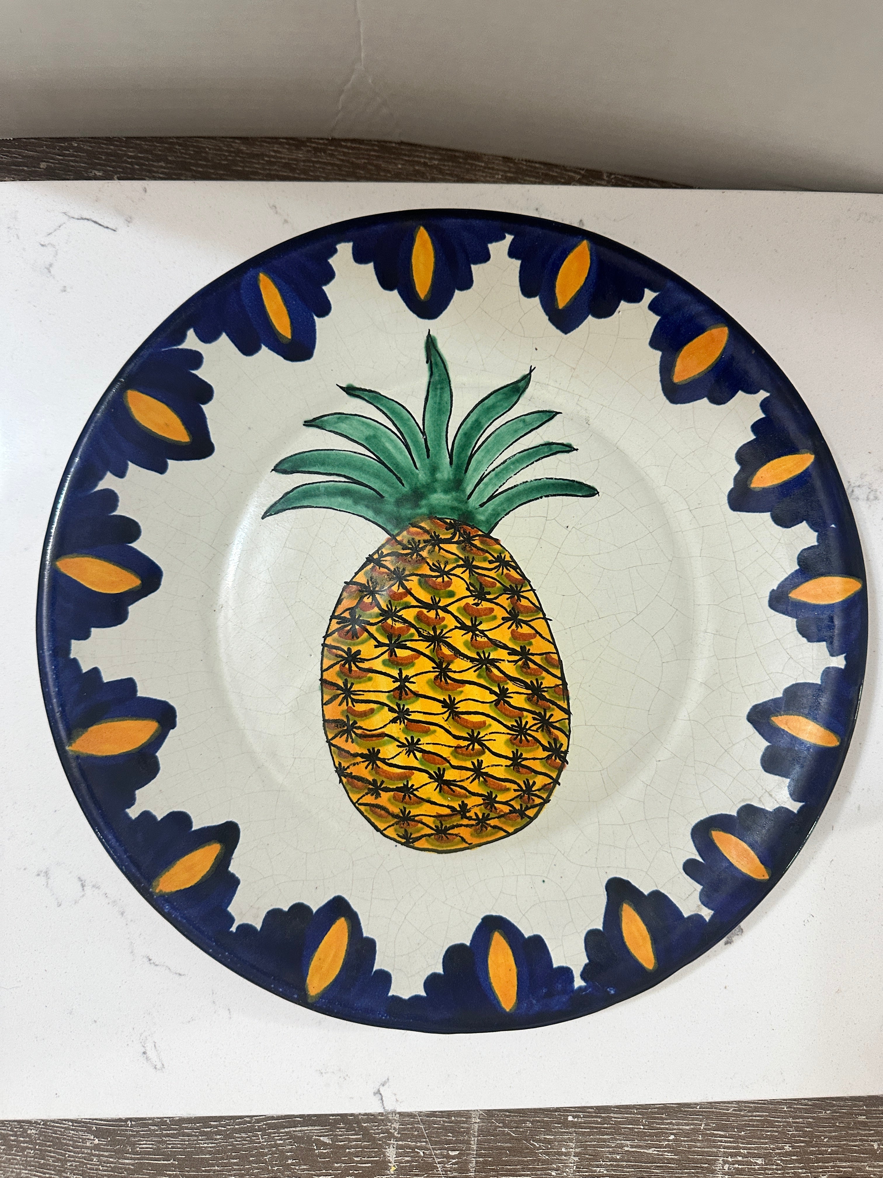 Vintage Hand Painted Pineapple Plate 11.5” | Blue Yellow Ceramic Serving Plate | Tropical Fruit Wall Decor | Cottage Kitchen Plate