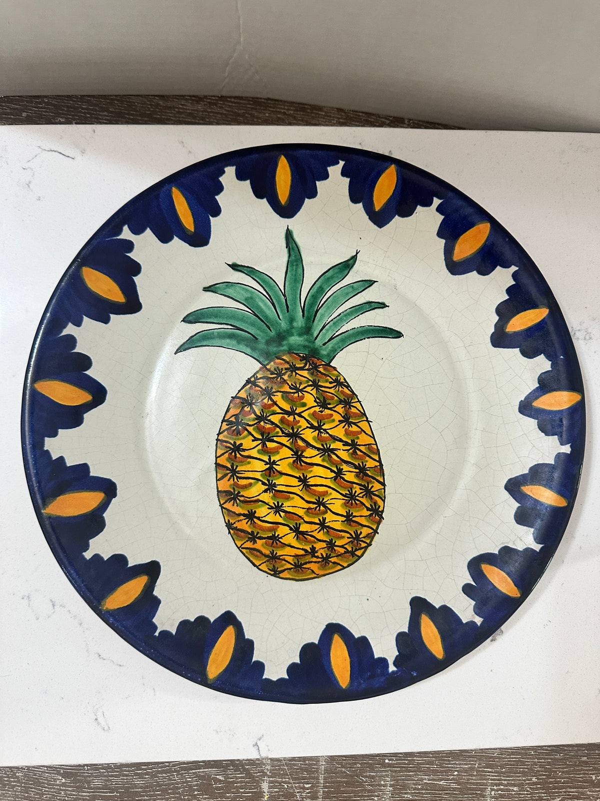 Vintage Hand Painted Pineapple Plate 11.5” | Blue Yellow Ceramic Serving Plate | Tropical Fruit Wall Decor | Cottage Kitchen Plate