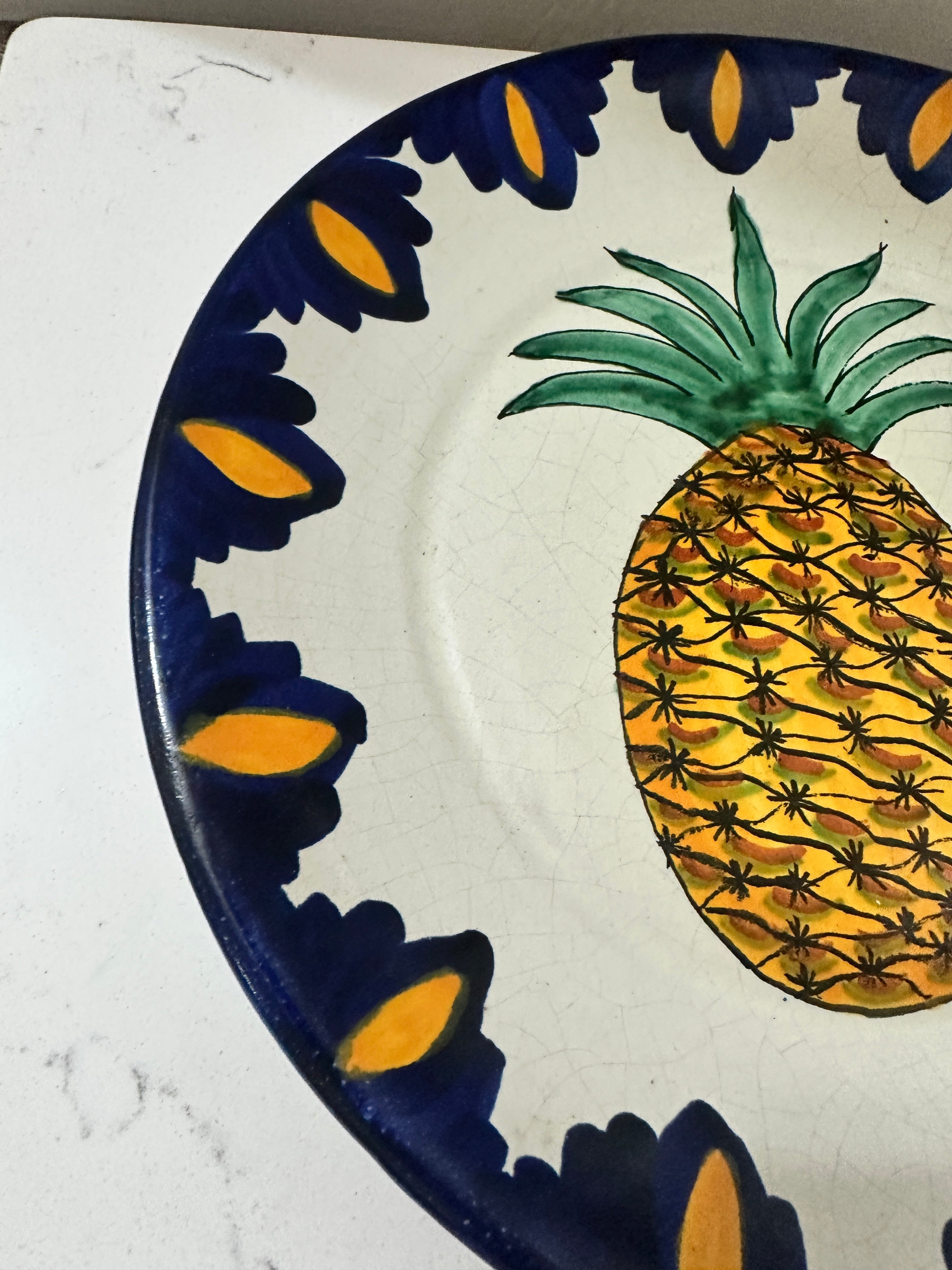 Vintage Hand Painted Pineapple Plate 11.5” | Blue Yellow Ceramic Serving Plate | Tropical Fruit Wall Decor | Cottage Kitchen Plate