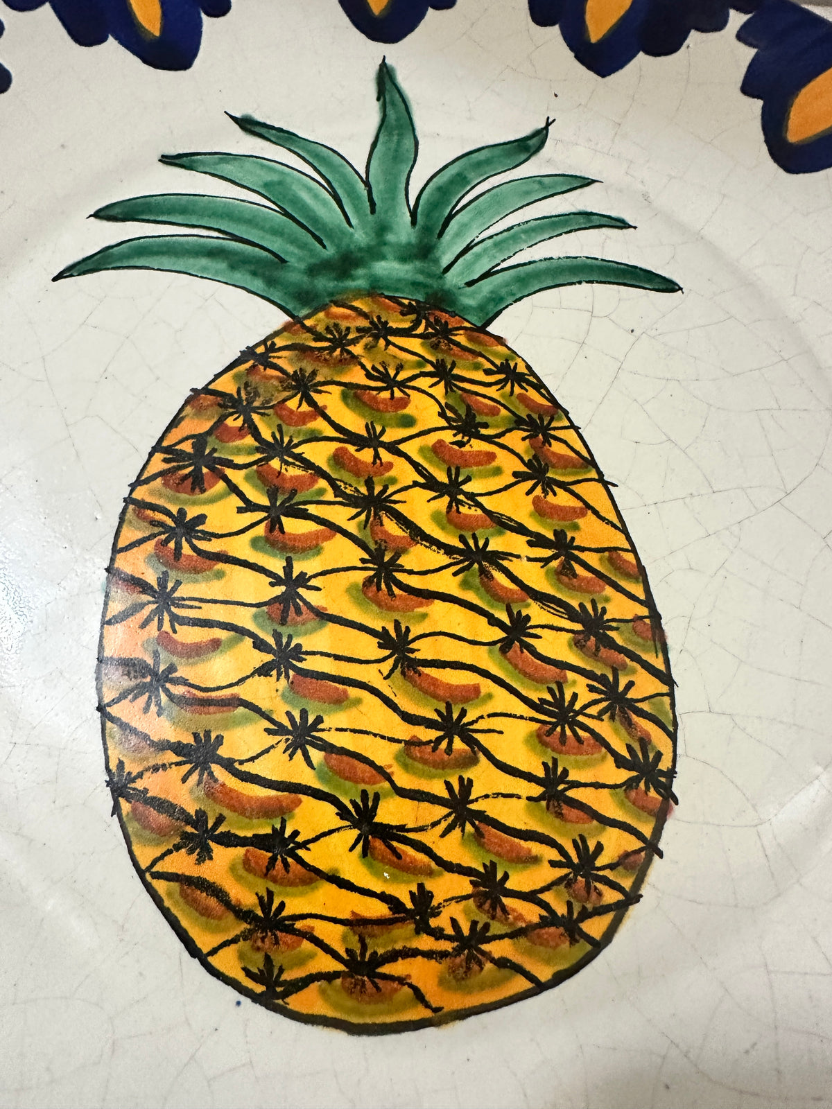 Vintage Hand Painted Pineapple Plate 11.5” | Blue Yellow Ceramic Serving Plate | Tropical Fruit Wall Decor | Cottage Kitchen Plate