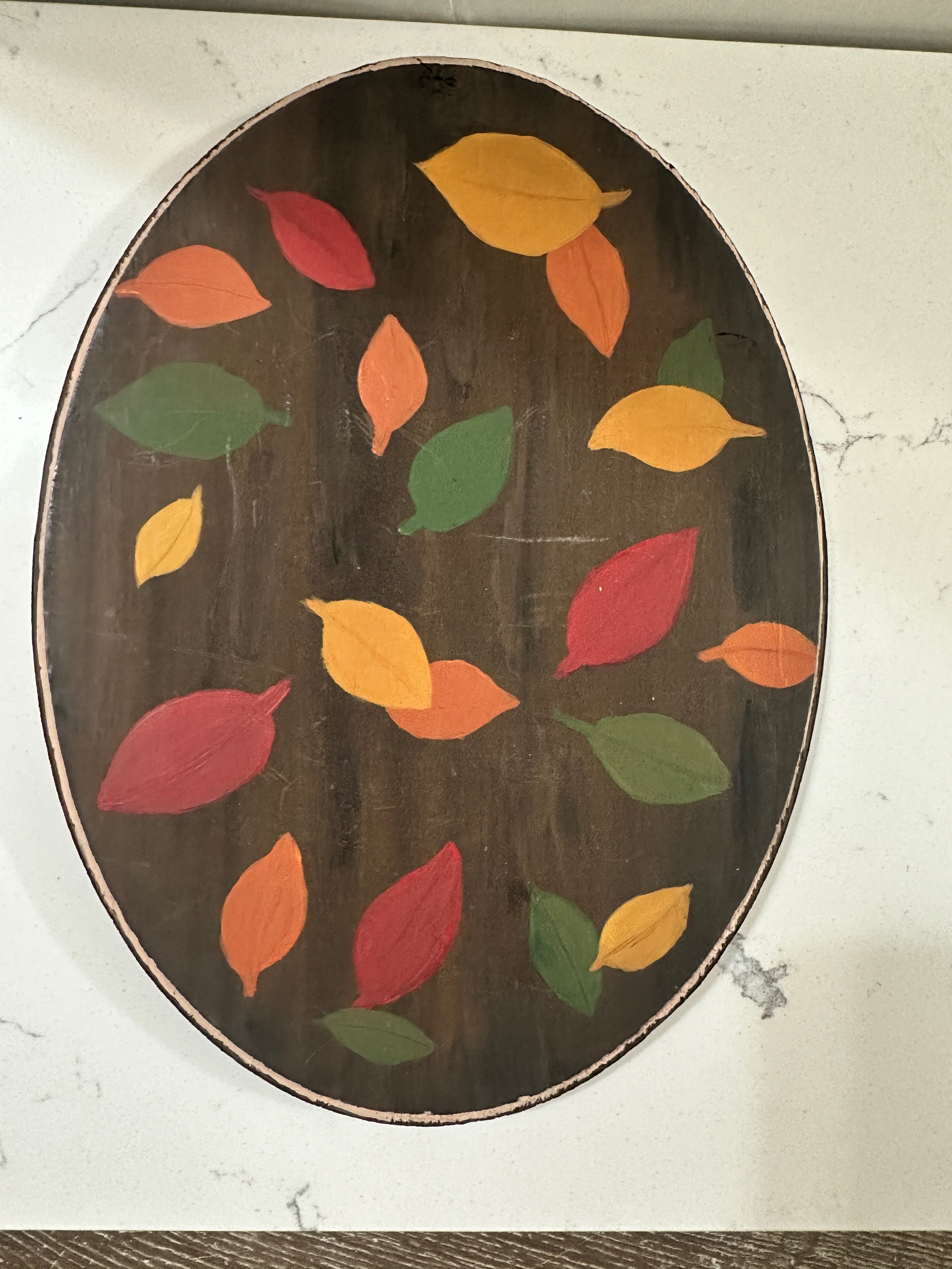 Vintage Hand Painted Wooden Fall Leaf Wall Plaque | Rustic Primitive Autumn Decor | Folk Art Oval Wood Sign | Cottage Farmhouse Wall Hanging