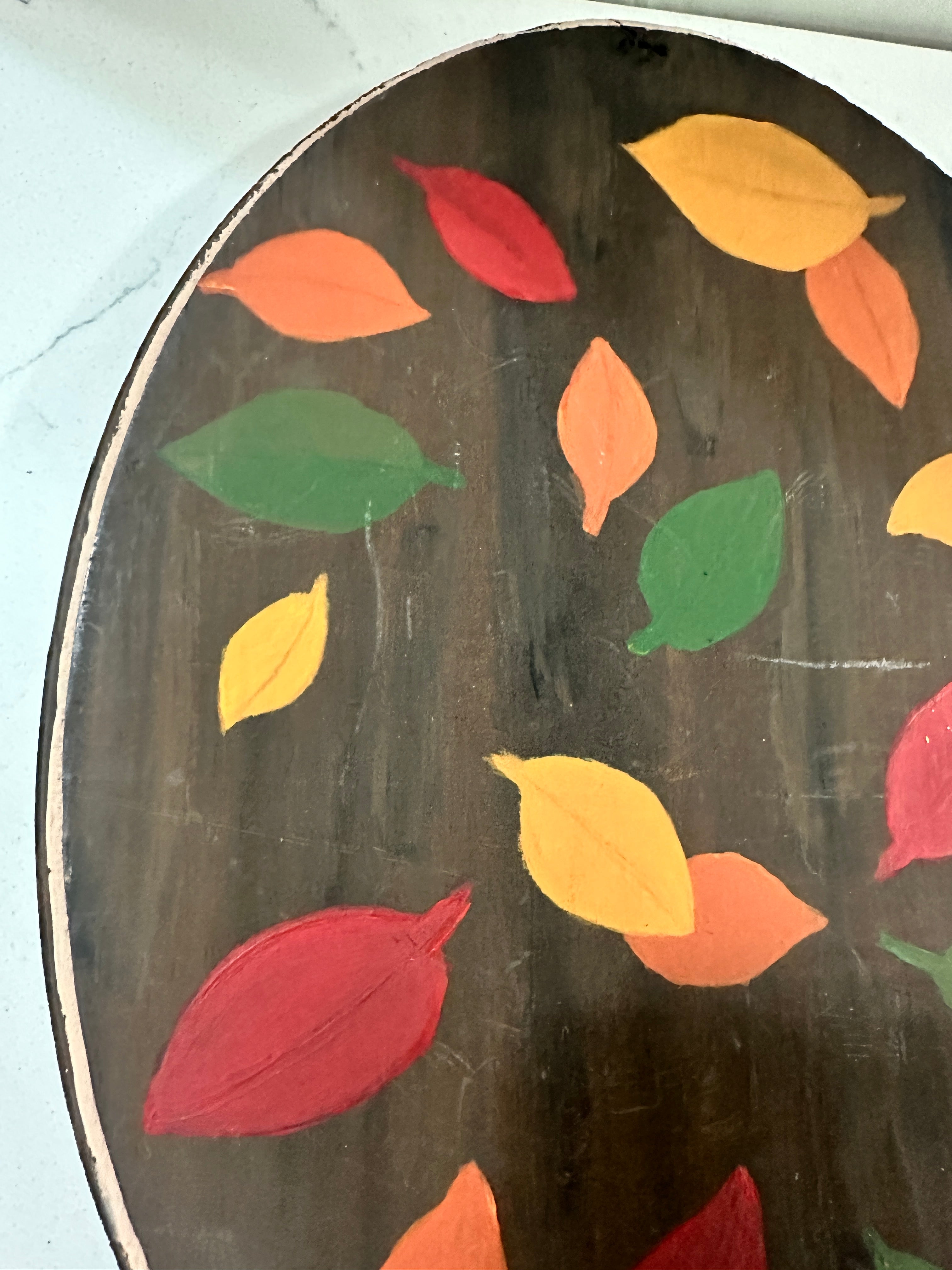 Vintage Hand Painted Wooden Fall Leaf Wall Plaque | Rustic Primitive Autumn Decor | Folk Art Oval Wood Sign | Cottage Farmhouse Wall Hanging
