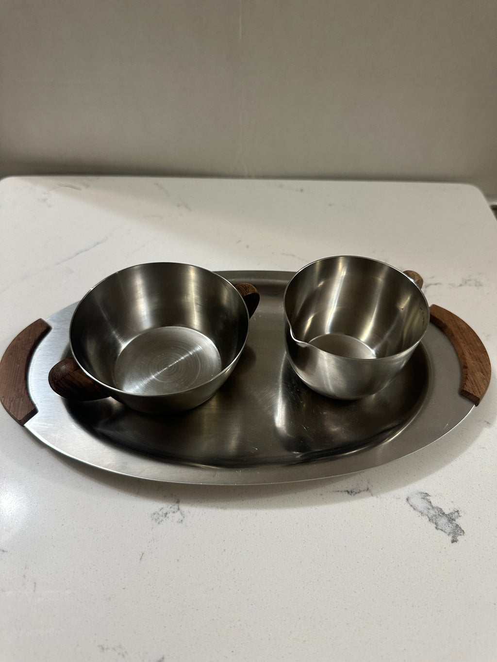 Vintage Danish Modern Stainless Steel Creamer Sugar Set with Tray | 18/8 Denmark | Wood Handles | Mid Century Scandinavian Serveware