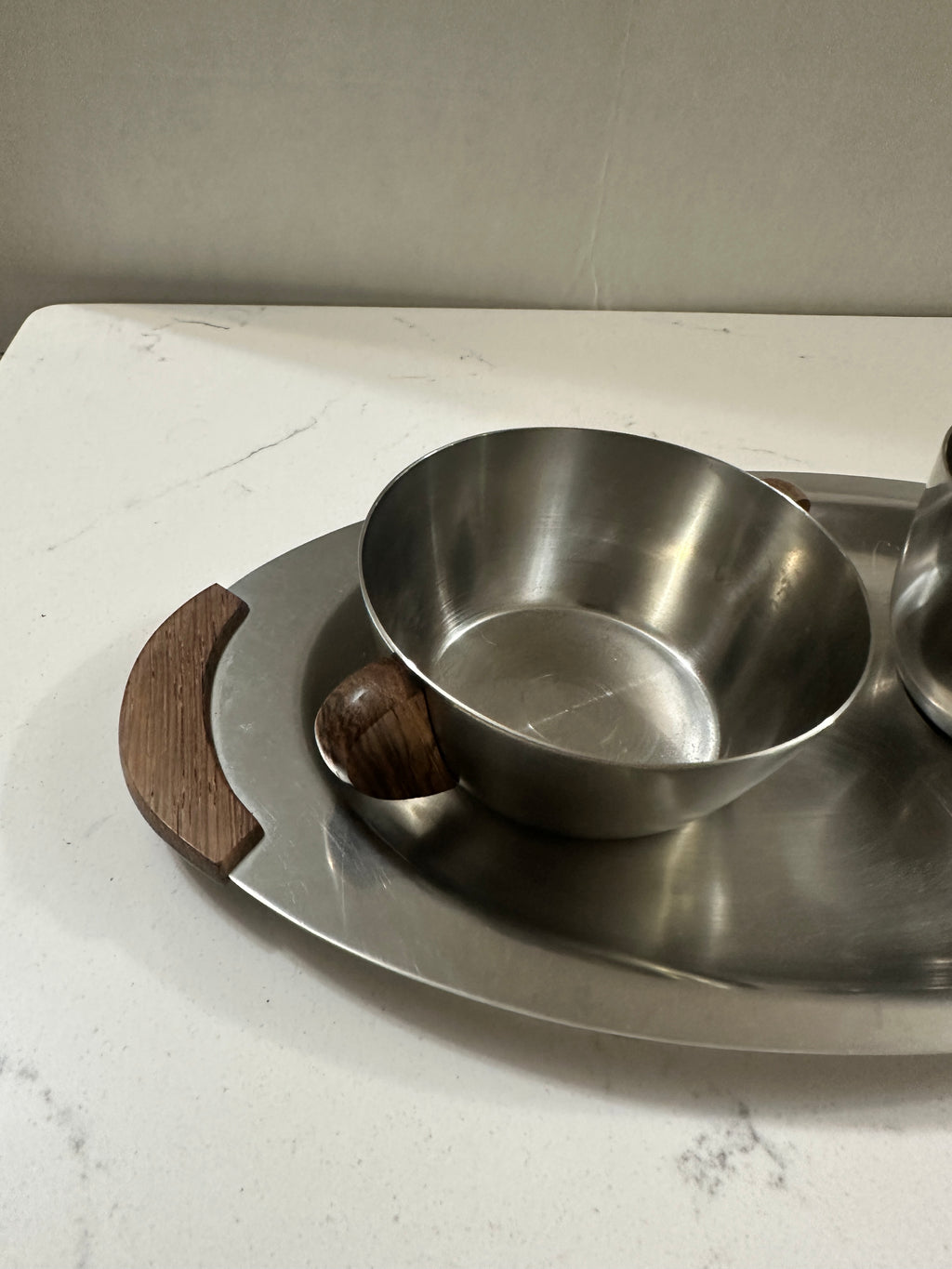 Vintage Danish Modern Stainless Steel Creamer Sugar Set with Tray | 18/8 Denmark | Wood Handles | Mid Century Scandinavian Serveware