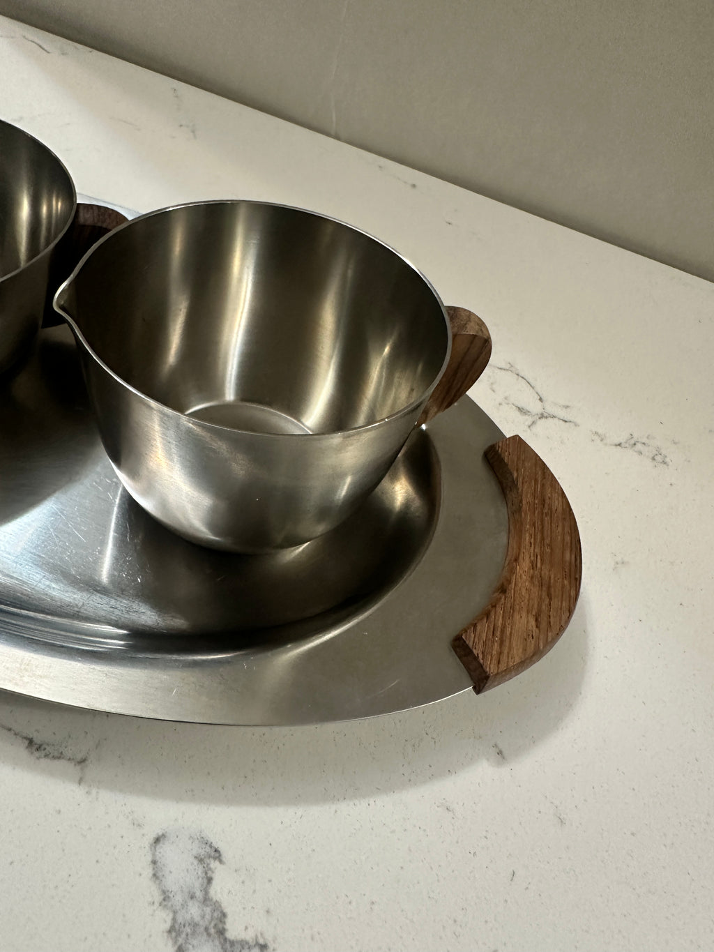 Vintage Danish Modern Stainless Steel Creamer Sugar Set with Tray | 18/8 Denmark | Wood Handles | Mid Century Scandinavian Serveware