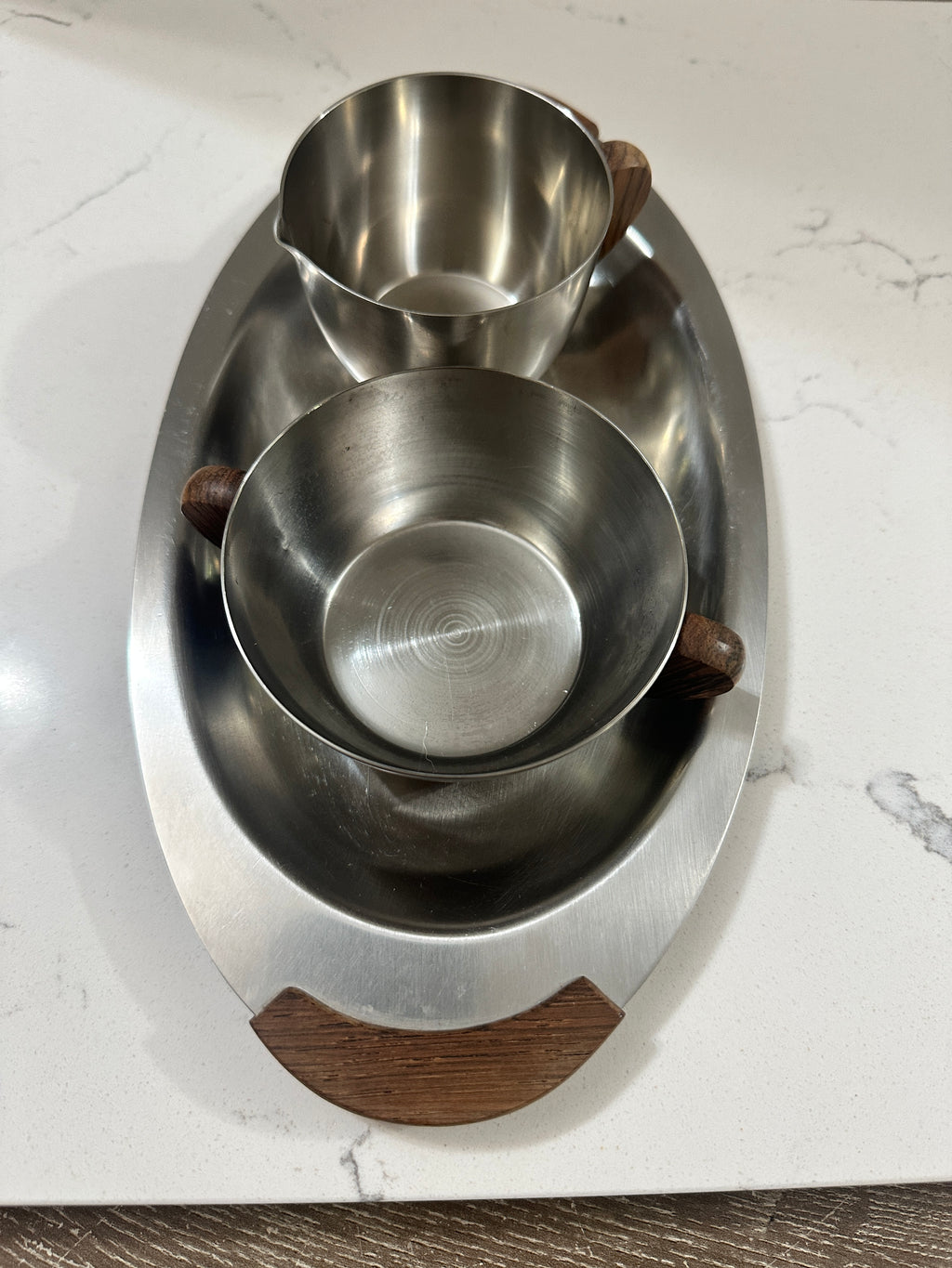 Vintage Danish Modern Stainless Steel Creamer Sugar Set with Tray | 18/8 Denmark | Wood Handles | Mid Century Scandinavian Serveware