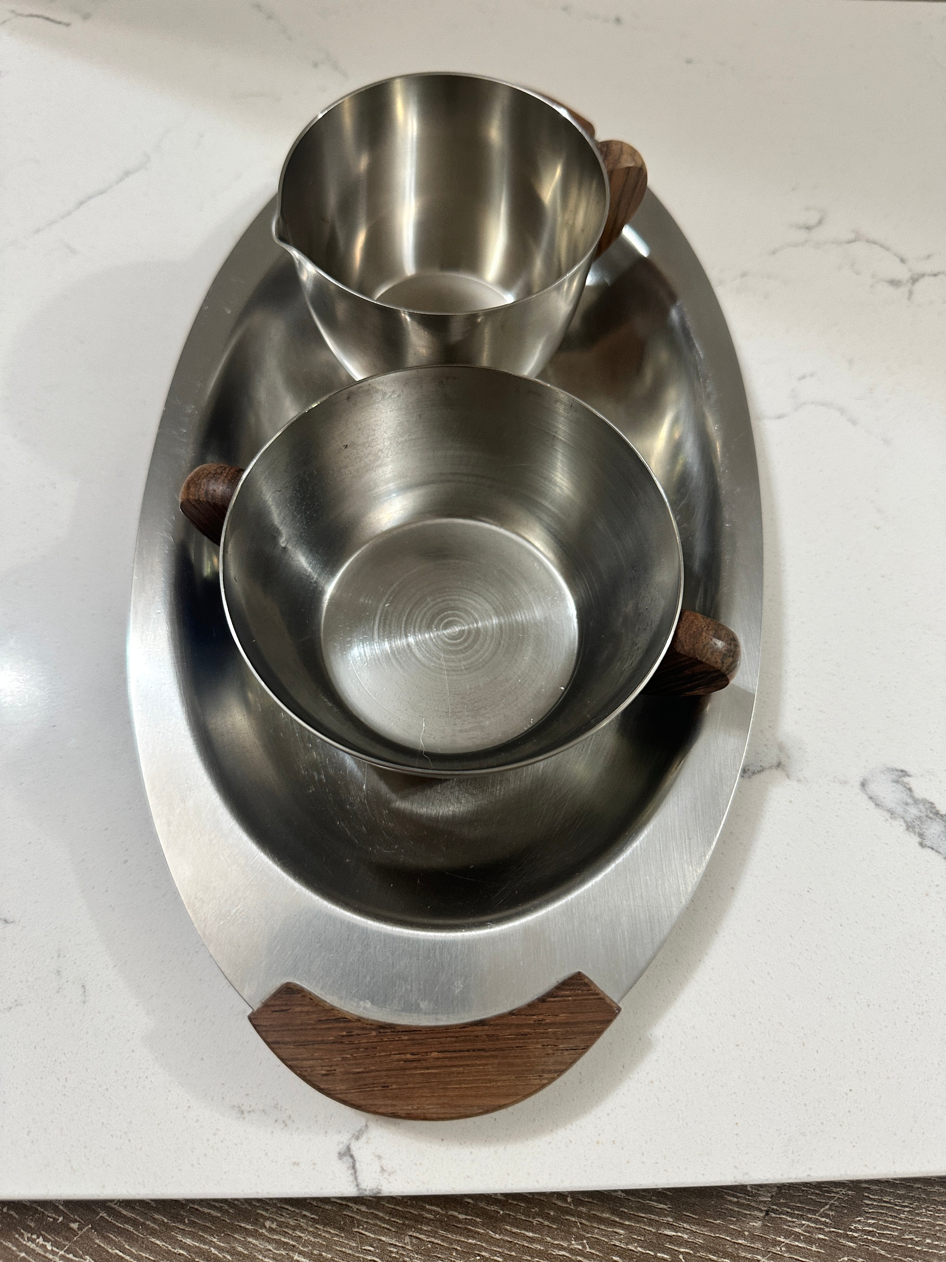 Vintage Danish Modern Stainless Steel Creamer Sugar Set with Tray | 18/8 Denmark | Wood Handles | Mid Century Scandinavian Serveware