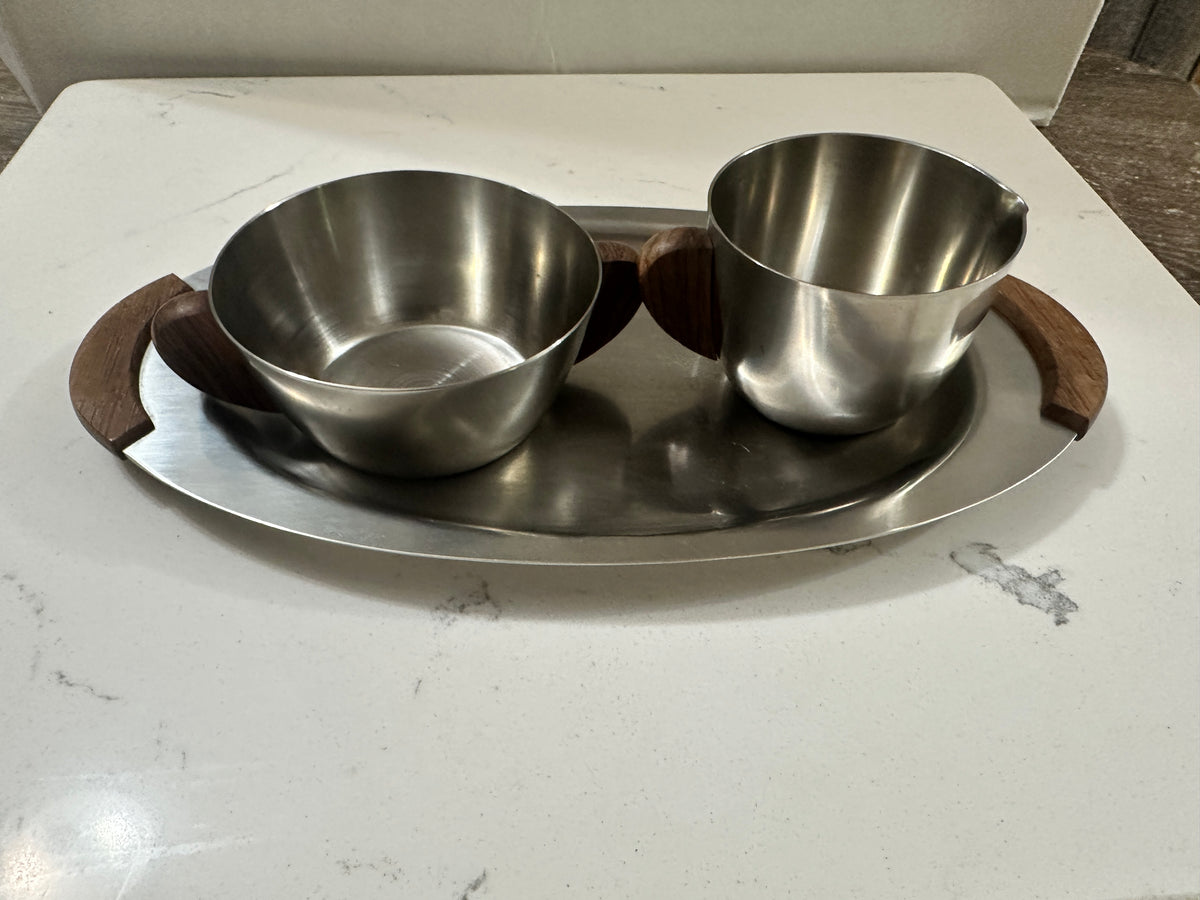 Vintage Danish Modern Stainless Steel Creamer Sugar Set with Tray | 18/8 Denmark | Wood Handles | Mid Century Scandinavian Serveware