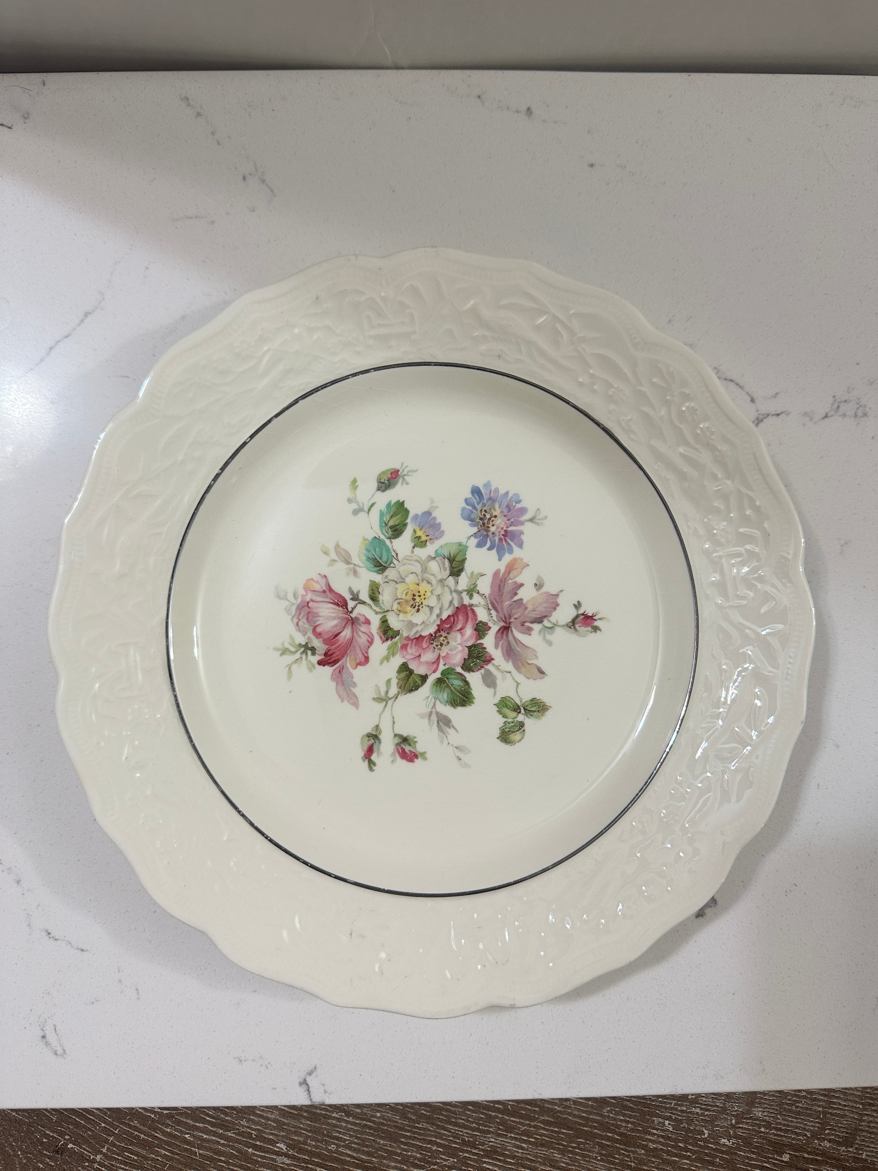 Vintage ABMC Floral Dinner Plates Set of 4 | American Beauty Made in USA | Embossed Ivory China | Pink Blue Flowers | Cottagecore China