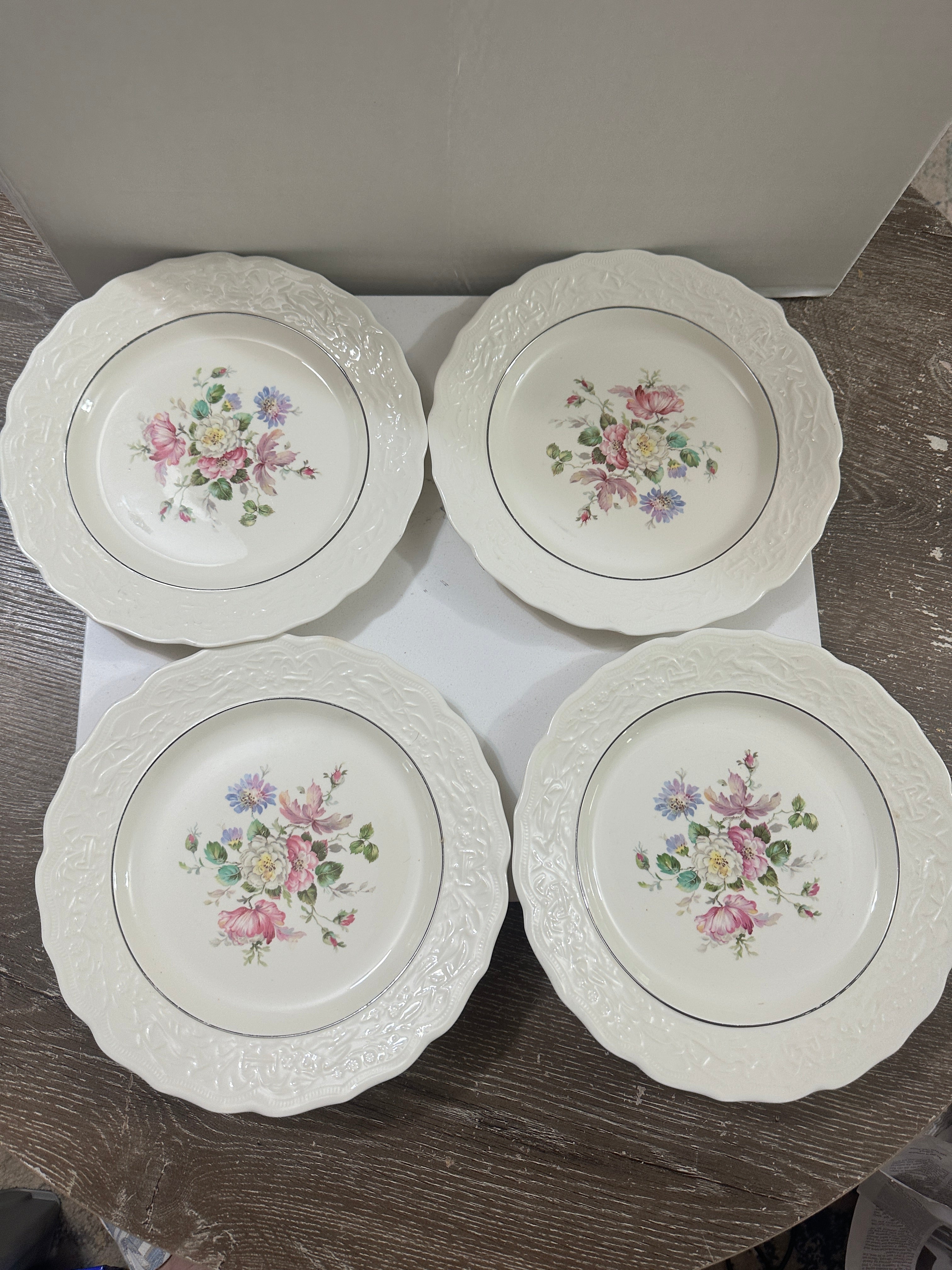Vintage ABMC Floral Dinner Plates Set of 4 | American Beauty Made in USA | Embossed Ivory China | Pink Blue Flowers | Cottagecore China