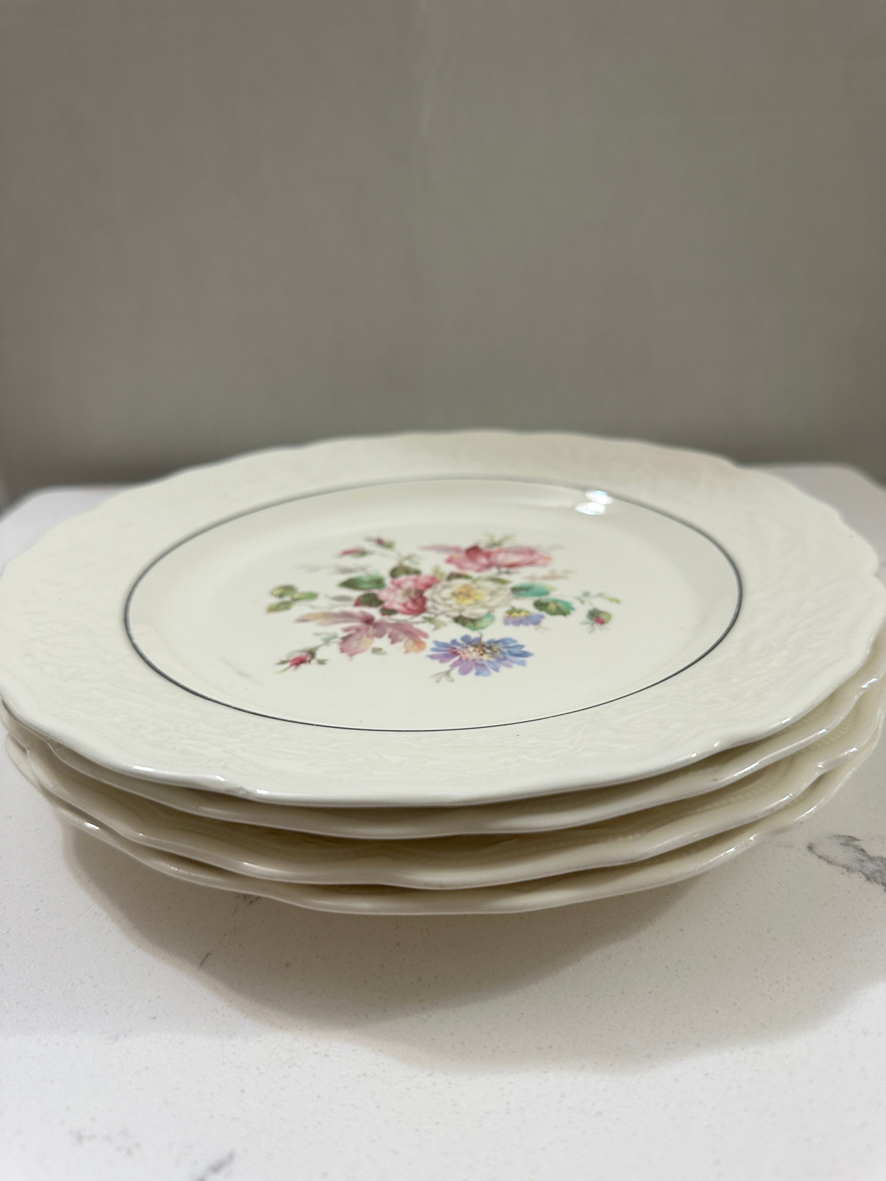 Vintage ABMC Floral Dinner Plates Set of 4 | American Beauty Made in USA | Embossed Ivory China | Pink Blue Flowers | Cottagecore China