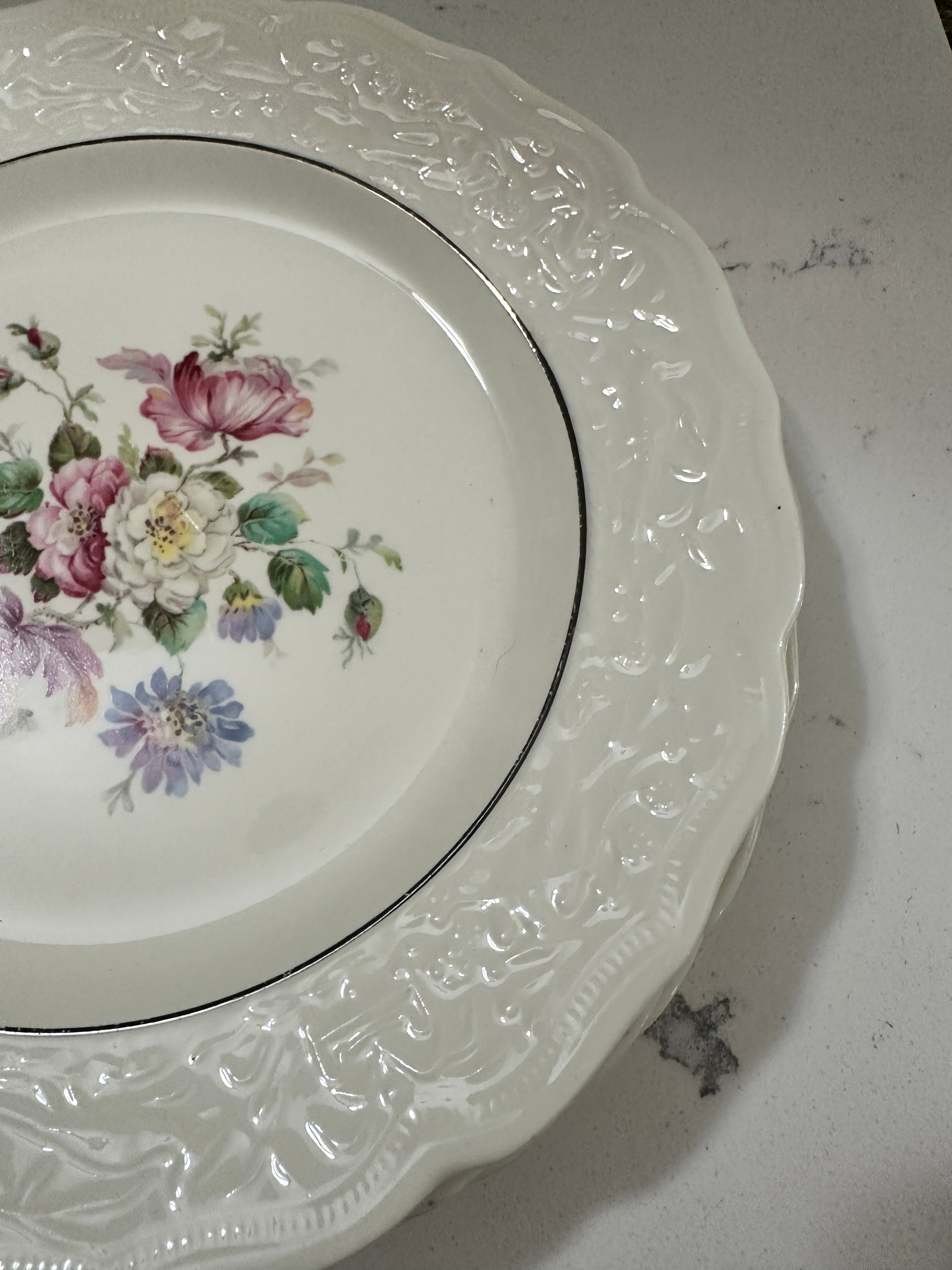 Vintage ABMC Floral Dinner Plates Set of 4 | American Beauty Made in USA | Embossed Ivory China | Pink Blue Flowers | Cottagecore China