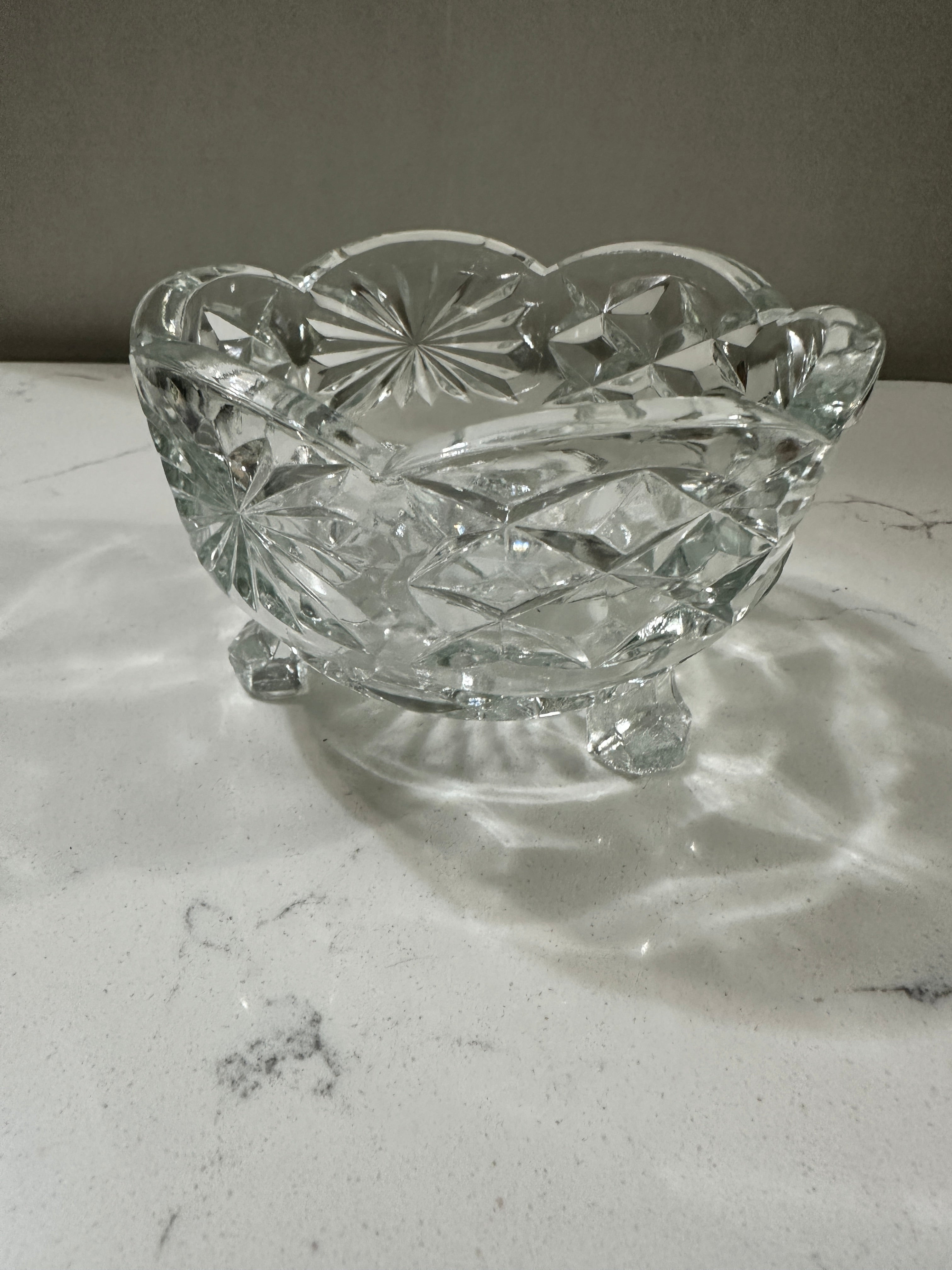 Vintage Footed Crystal Glass Bowl | 3 Footed Starburst Pinwheel Bowl | Scalloped Clear Glass Candy Dish | 1960s 1970s Table Decor