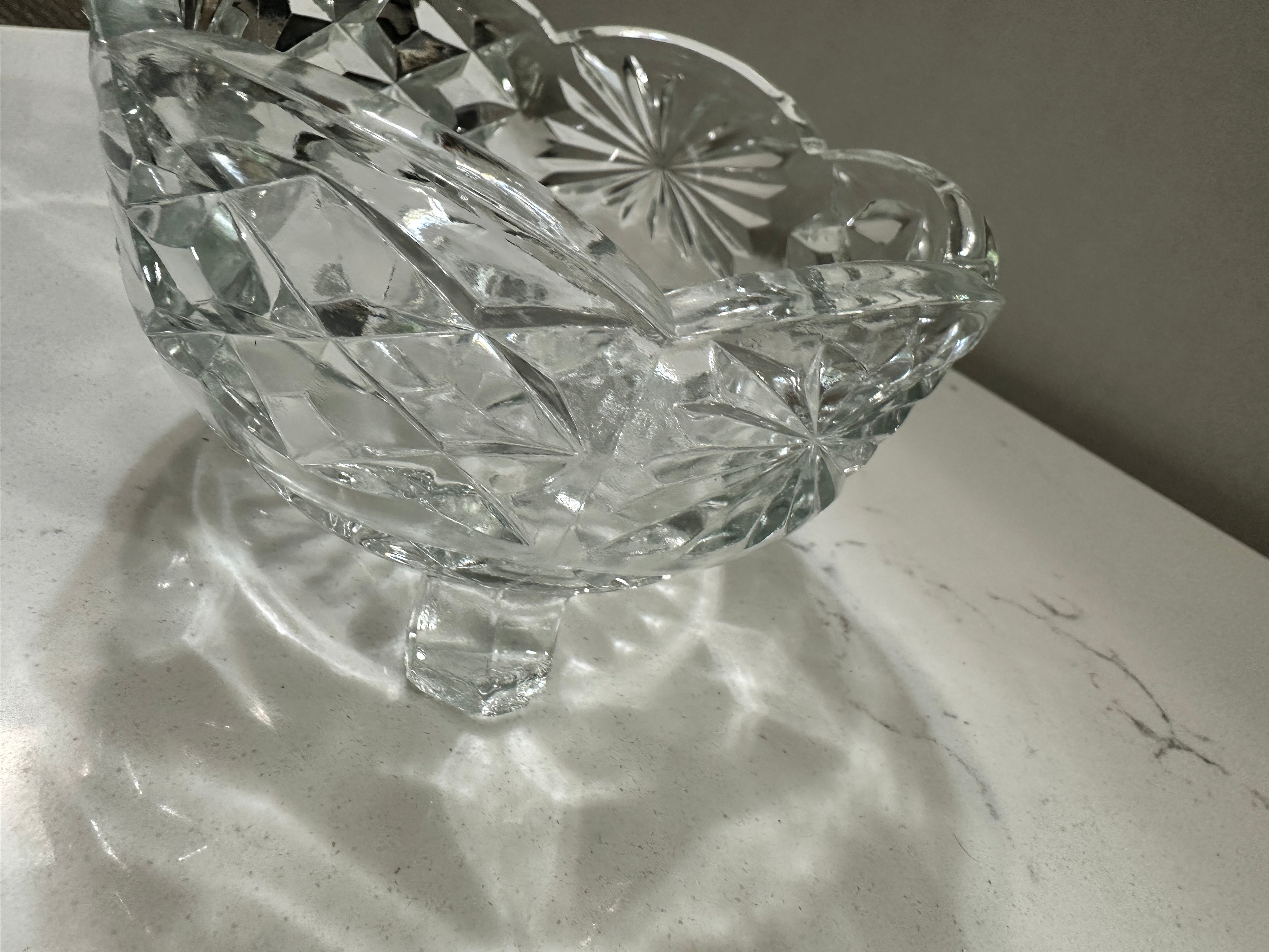 Vintage Footed Crystal Glass Bowl | 3 Footed Starburst Pinwheel Bowl | Scalloped Clear Glass Candy Dish | 1960s 1970s Table Decor