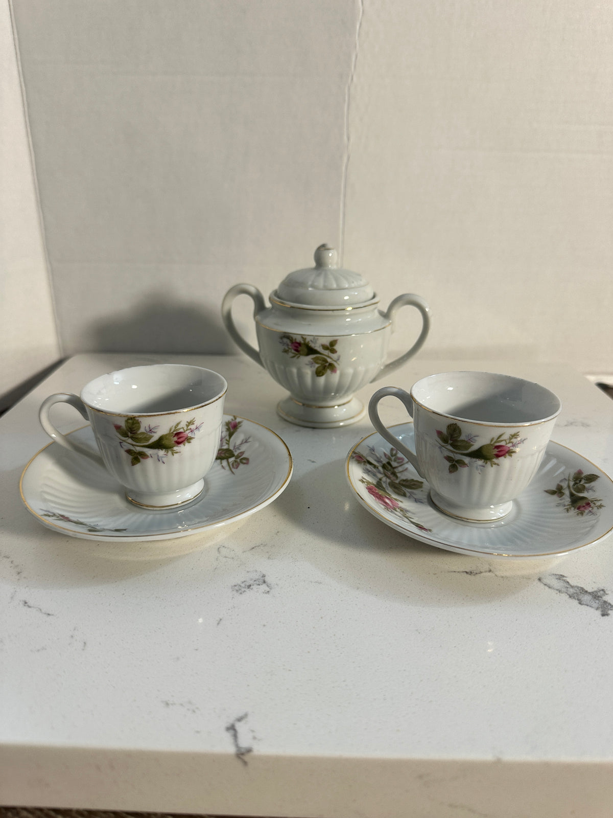Vintage Royal Sealy China Japan Tea Set | 2 Pink Rose Teacups & Saucers with Lidded Sugar Bowl | Cottagecore Floral Porcelain