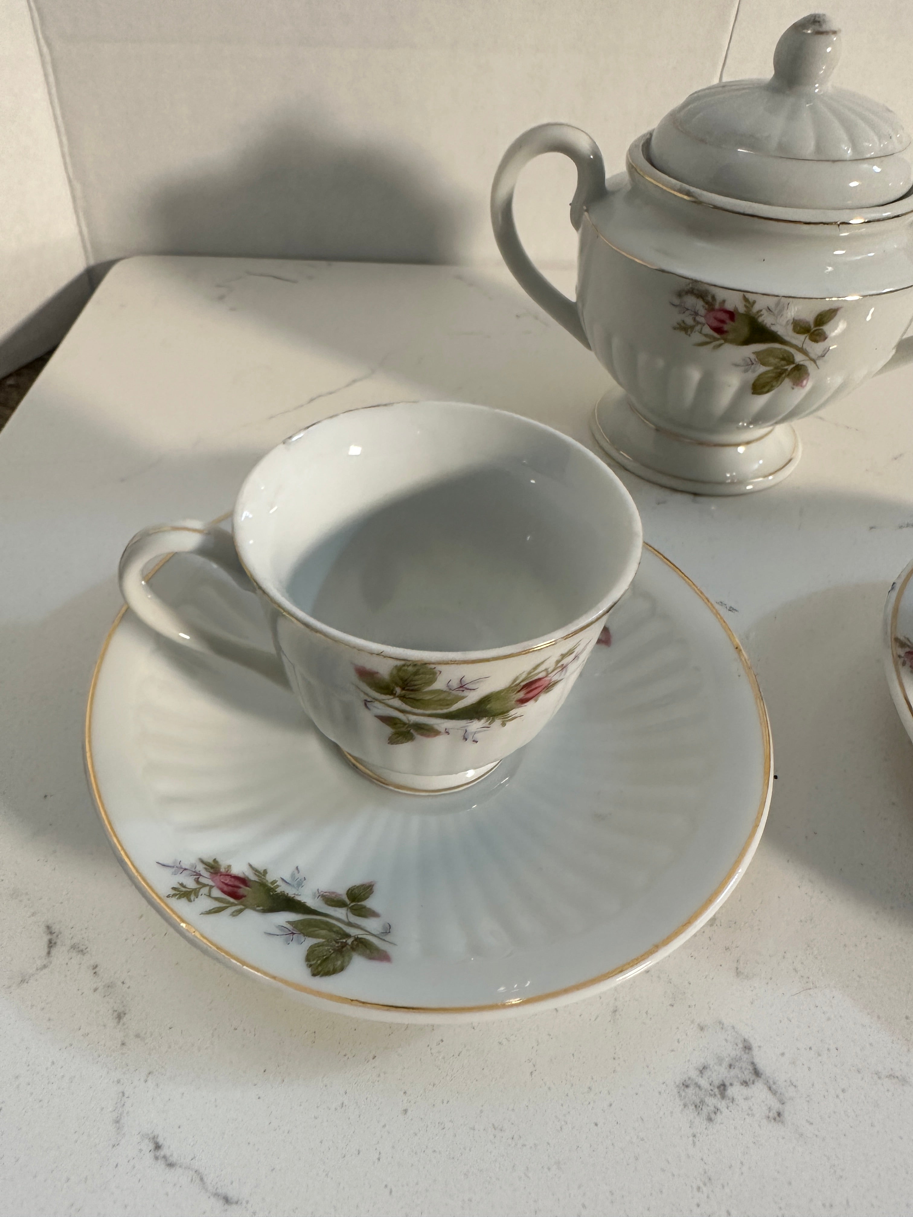 Vintage Royal Sealy China Japan Tea Set | 2 Pink Rose Teacups & Saucers with Lidded Sugar Bowl | Cottagecore Floral Porcelain