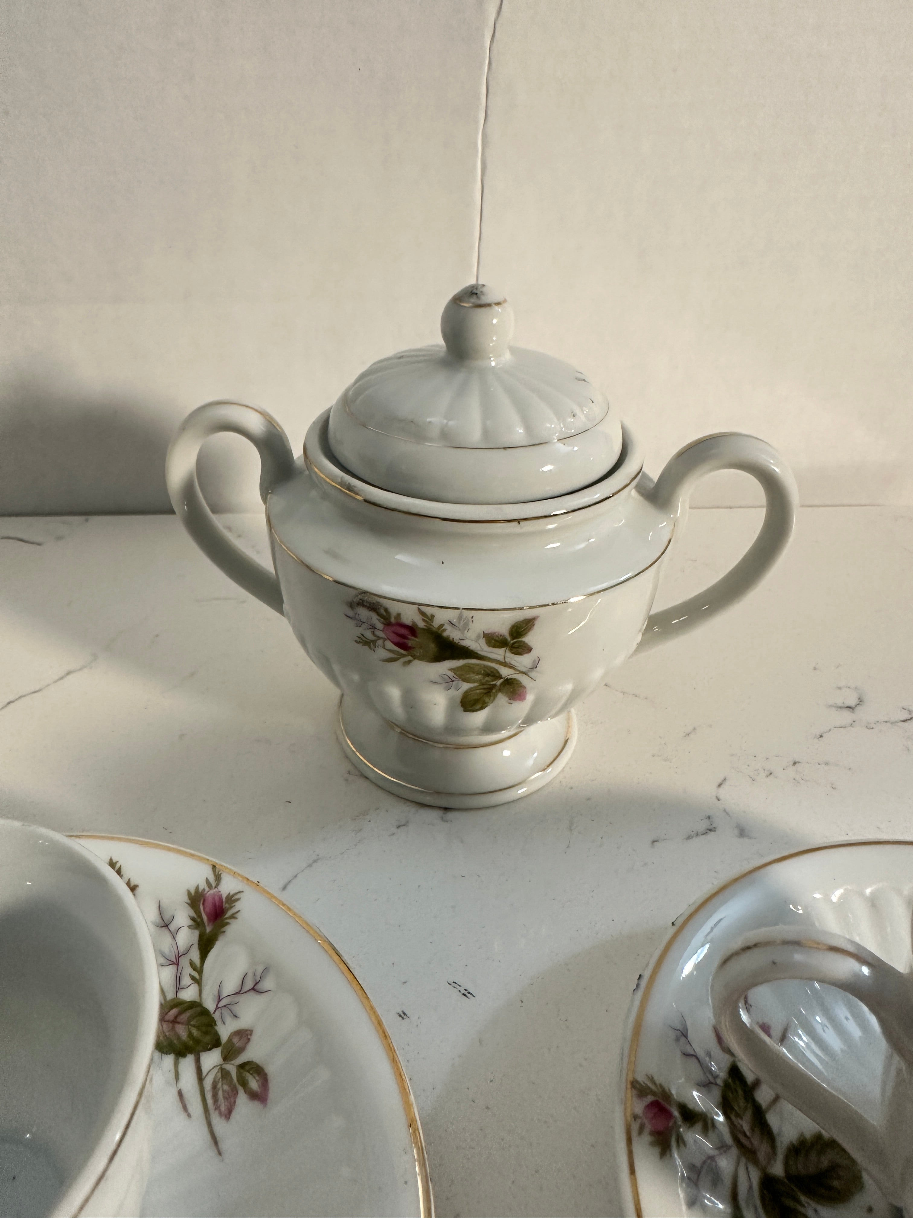 Vintage Royal Sealy China Japan Tea Set | 2 Pink Rose Teacups & Saucers with Lidded Sugar Bowl | Cottagecore Floral Porcelain