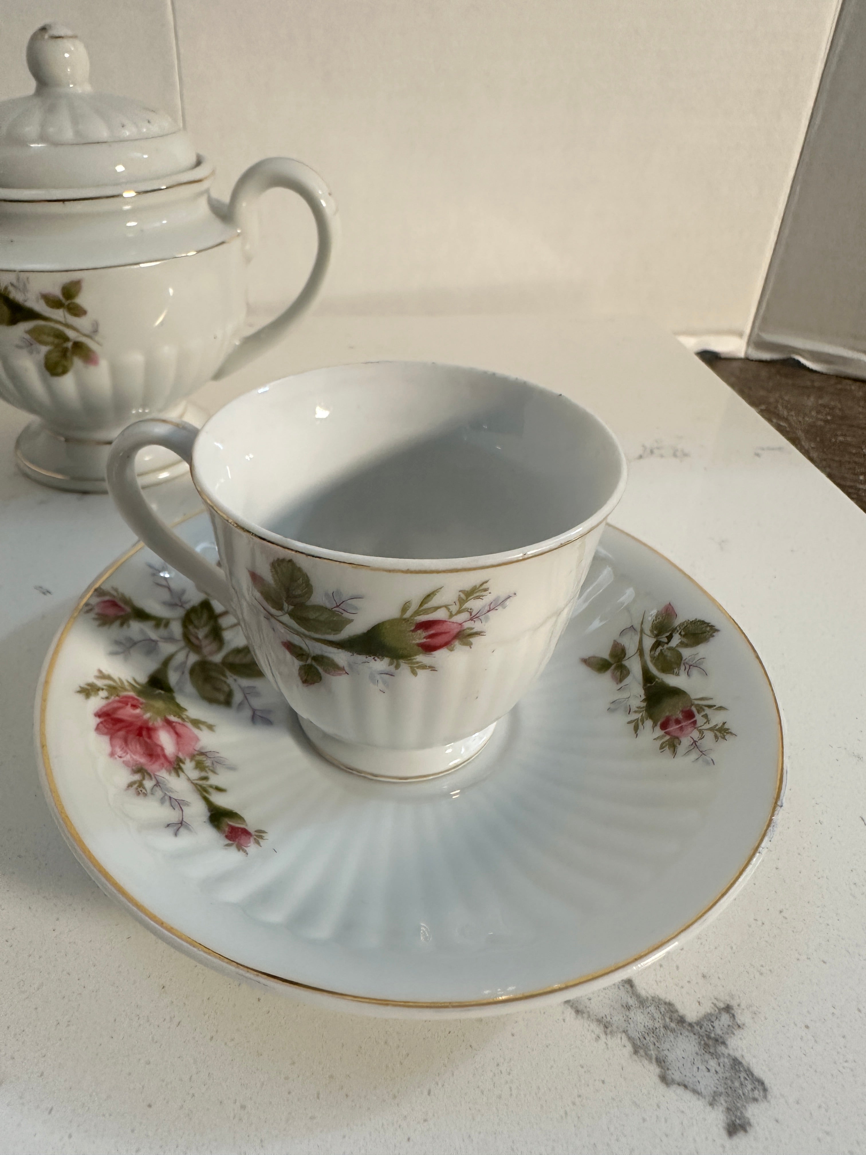 Vintage Royal Sealy China Japan Tea Set | 2 Pink Rose Teacups & Saucers with Lidded Sugar Bowl | Cottagecore Floral Porcelain