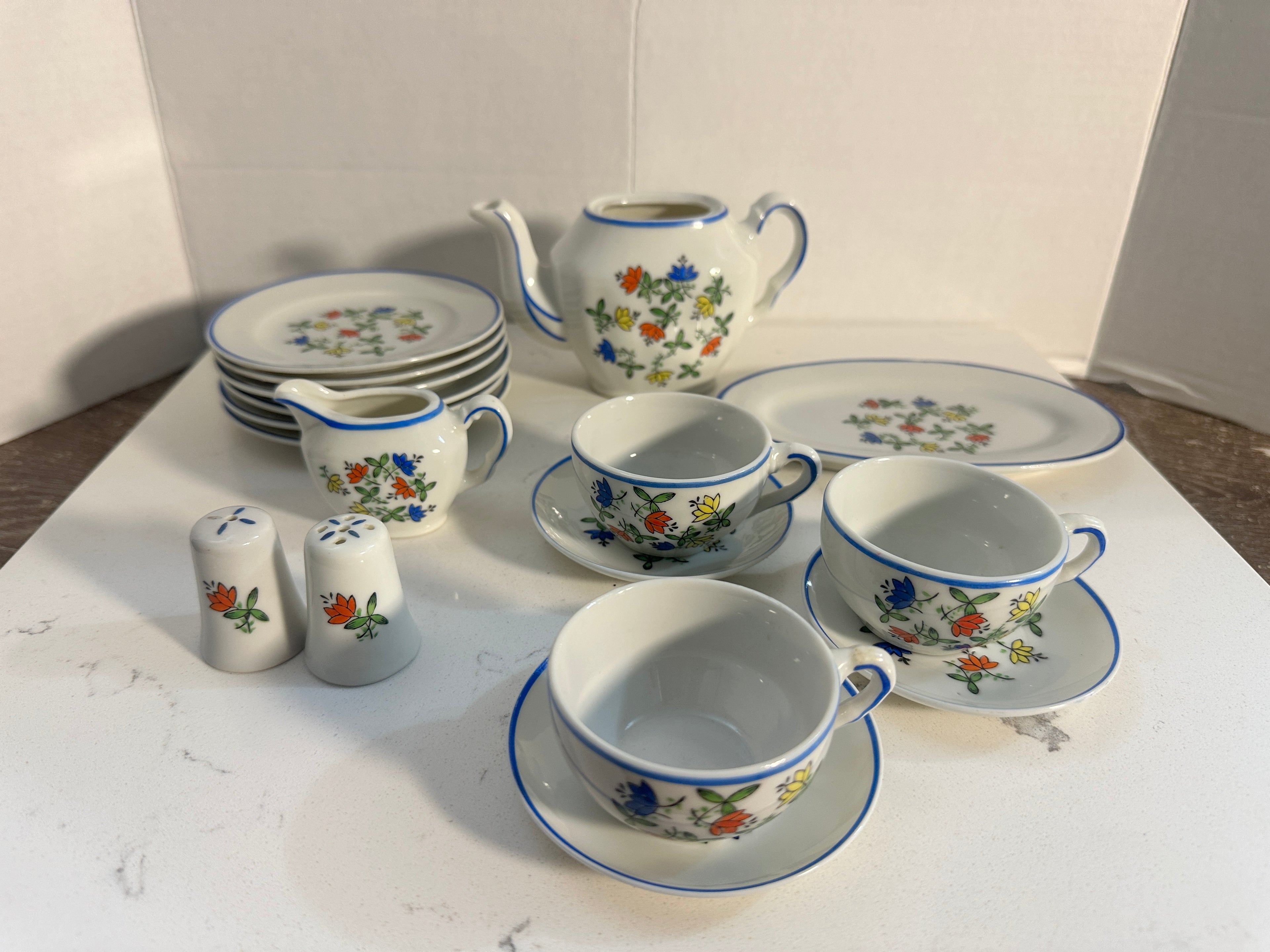 Vintage Miniature Porcelain Tea Set | 17 Piece Floral Child’s Tea Set | Blue Trim Doll Tea Set | Cottagecore Tea Party Decor